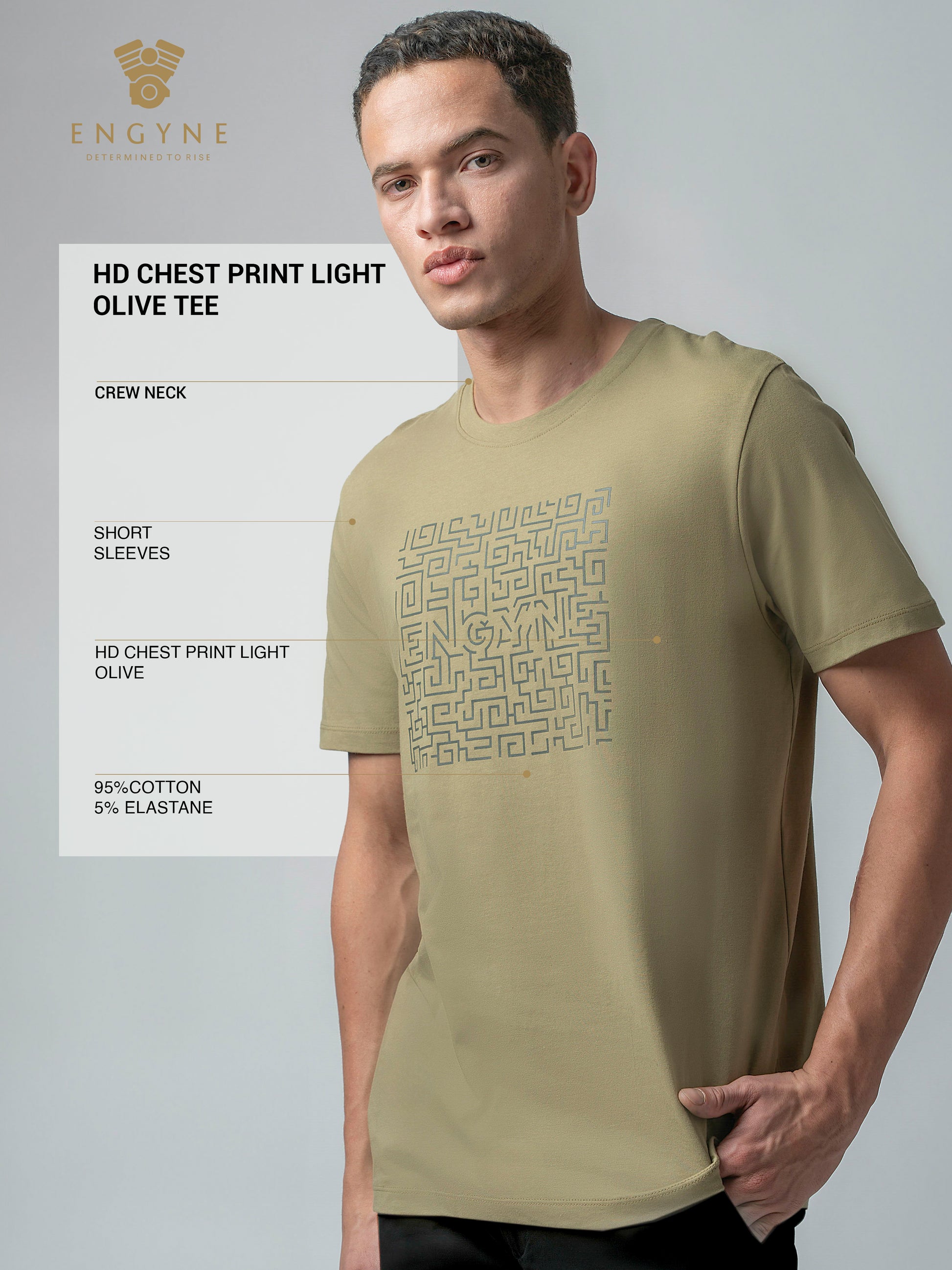 Rougen Cotton Lycra Hd Chest Print Light Olive Tee For Men
