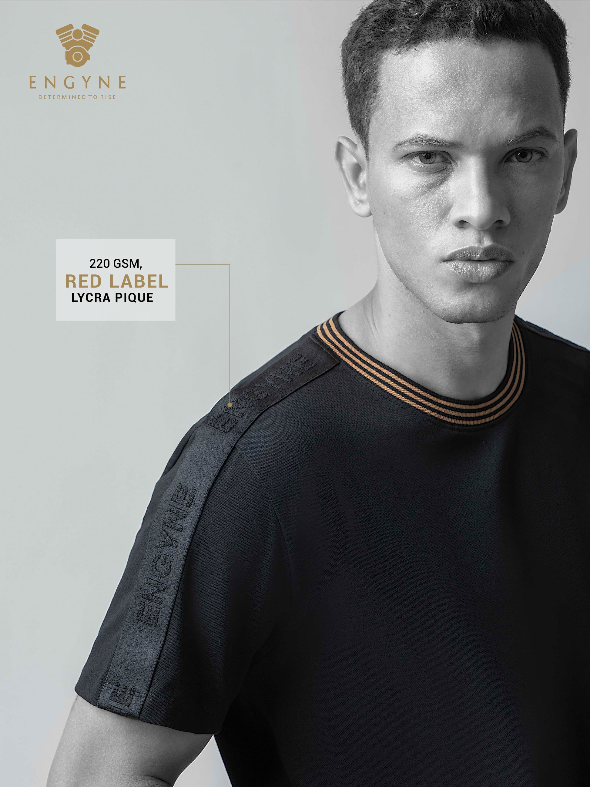 Rougen Cotton Lycra Woven Shoulder Tape Black Crew Neck T Shirt