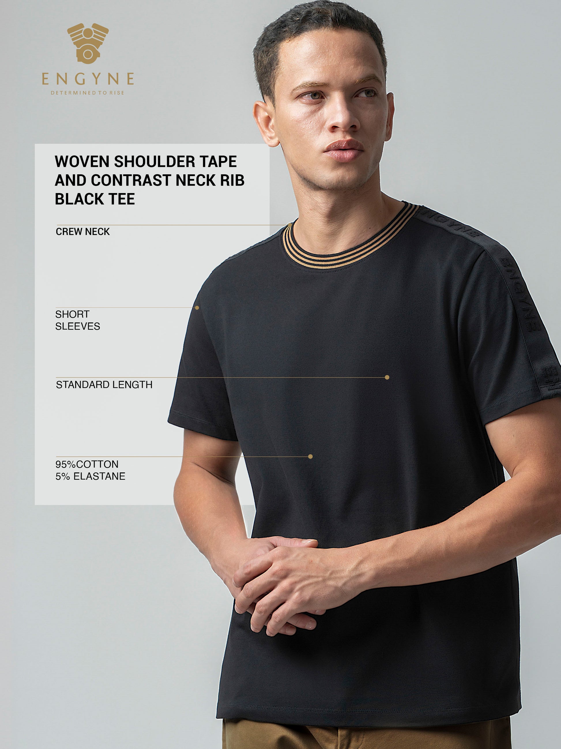 Rougen Cotton Lycra Woven Shoulder Tape Black Crew Neck T Shirt
