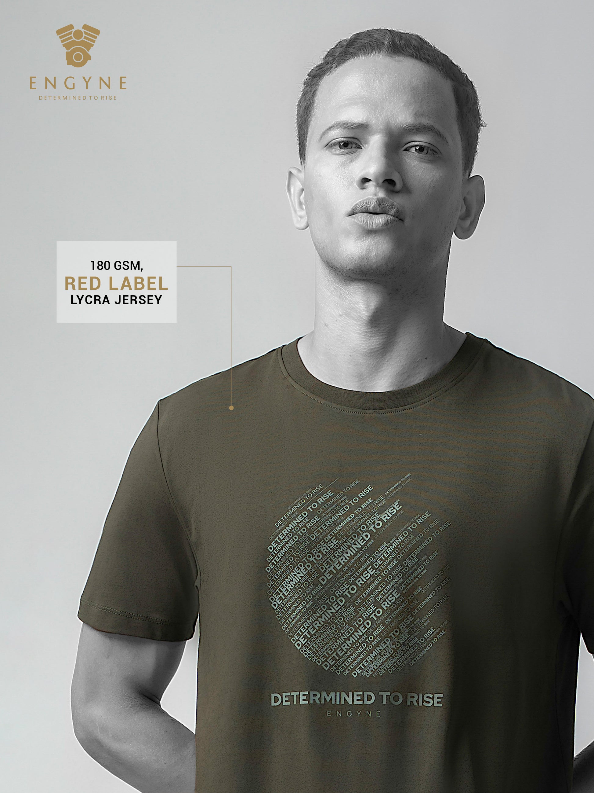 Rougen Cotton Lycra Non-Pvc Chest Print Olive Tee Shirt