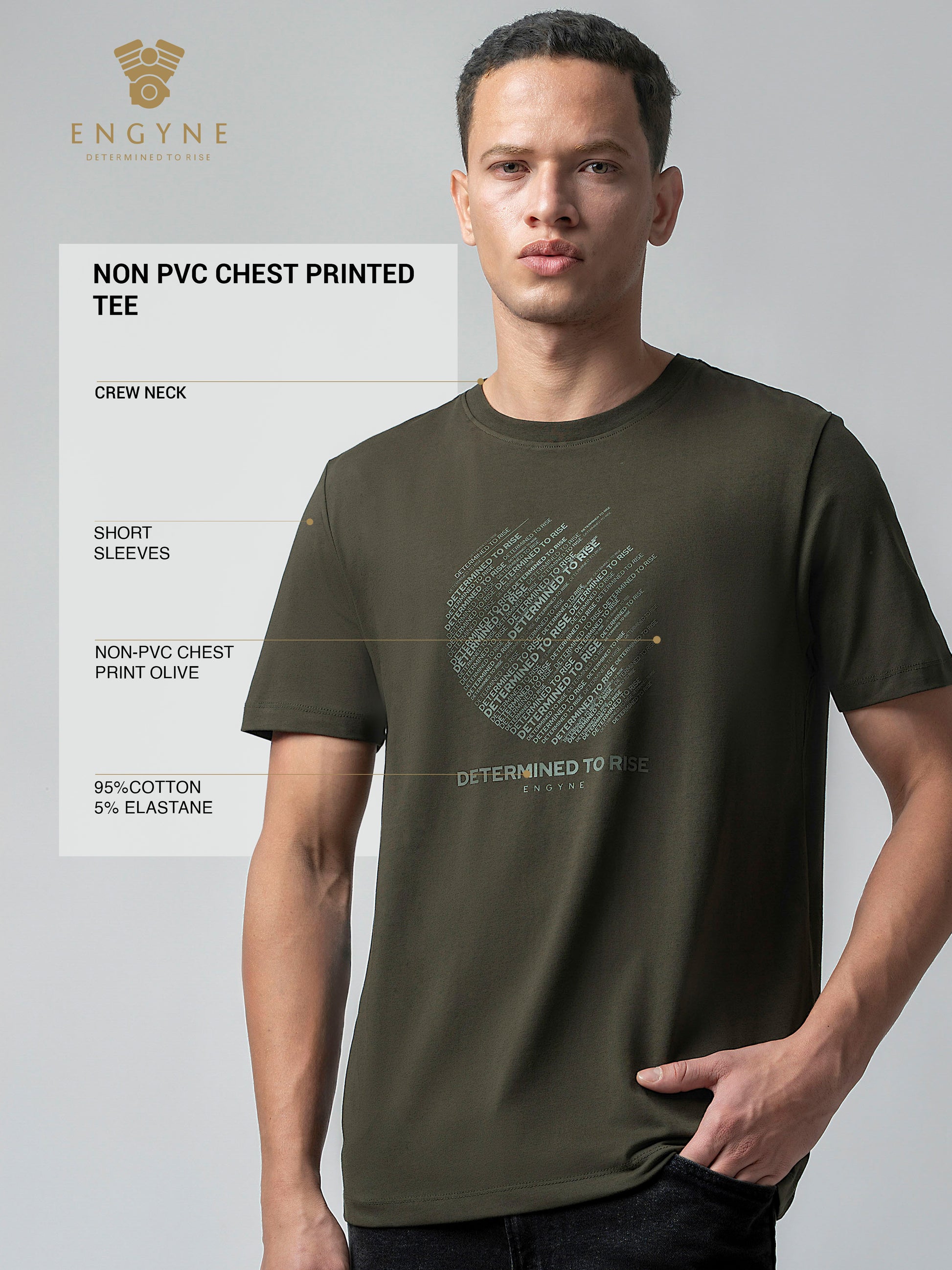 Rougen Cotton Lycra Non-Pvc Chest Print Olive Tee Shirt
