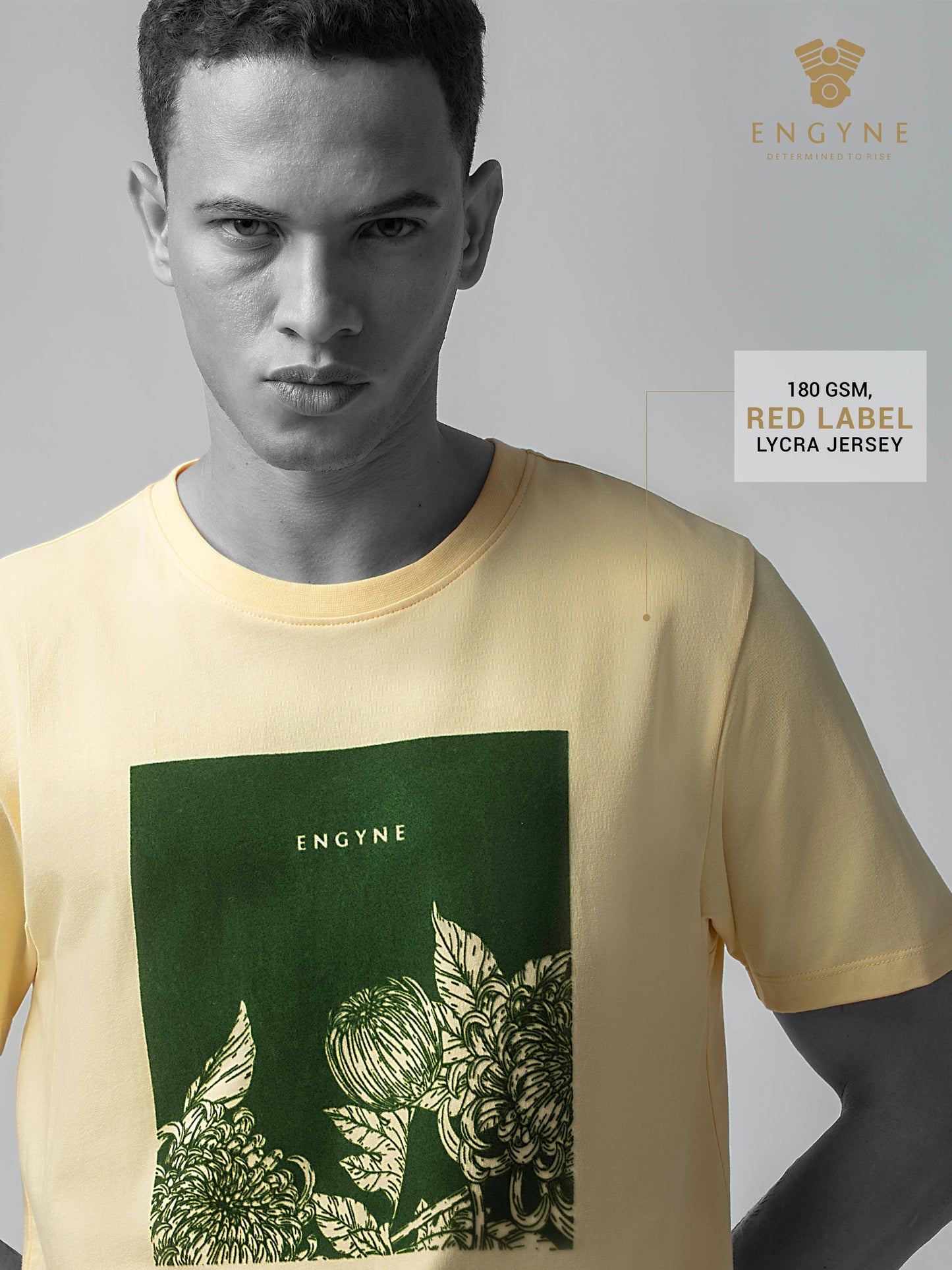 Rougen Cotton Lycra with Flock Print at Chest Light Yellow T-shirt