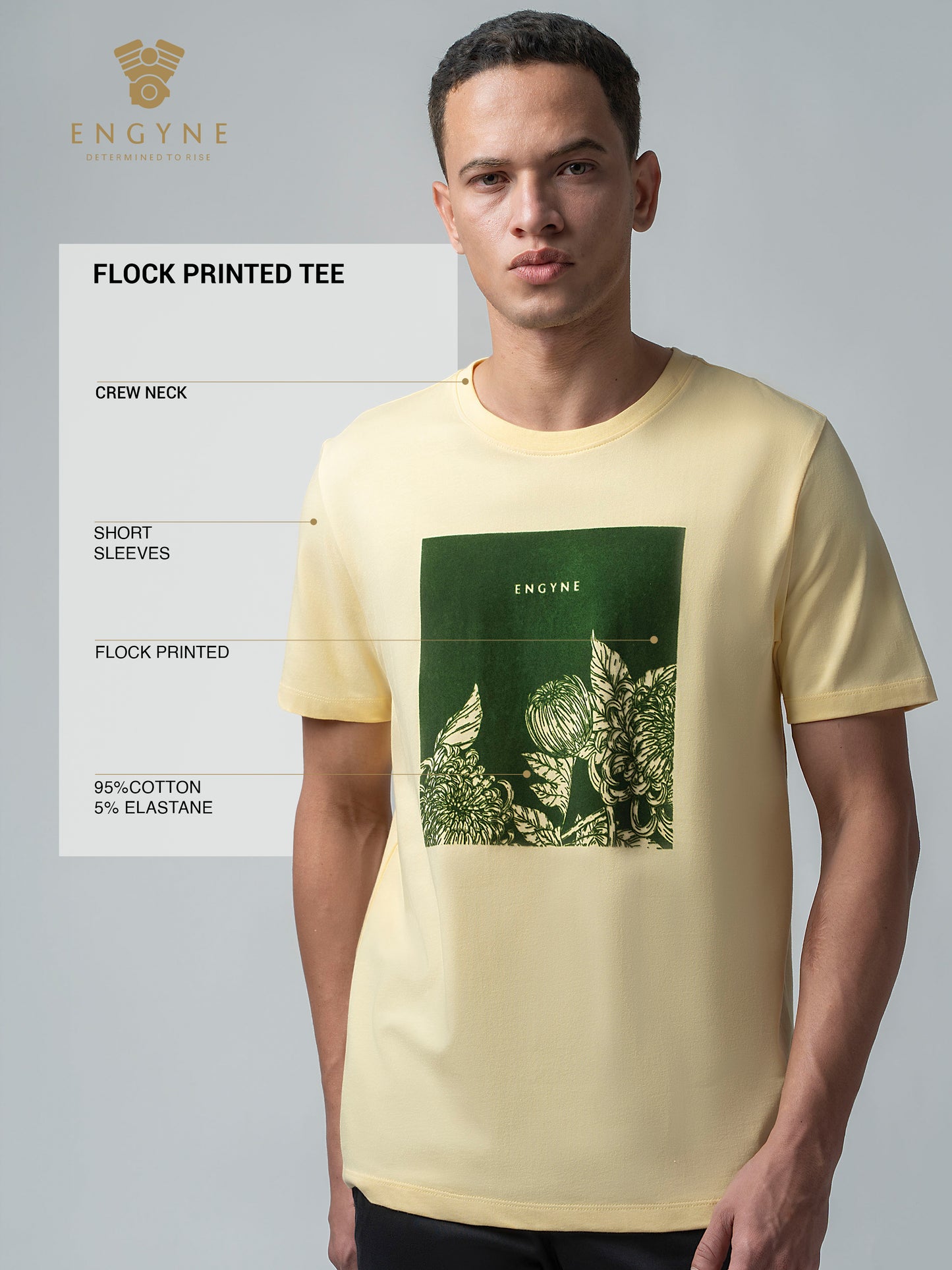 Rougen Cotton Lycra with Flock Print at Chest Light Yellow T-shirt