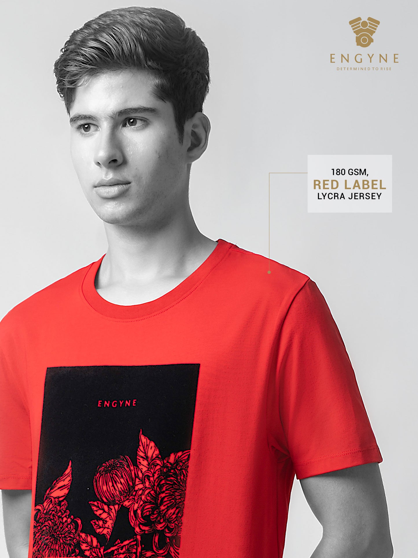 Rougen Cotton Lycra with Flock Print at Chest Red T-shirt