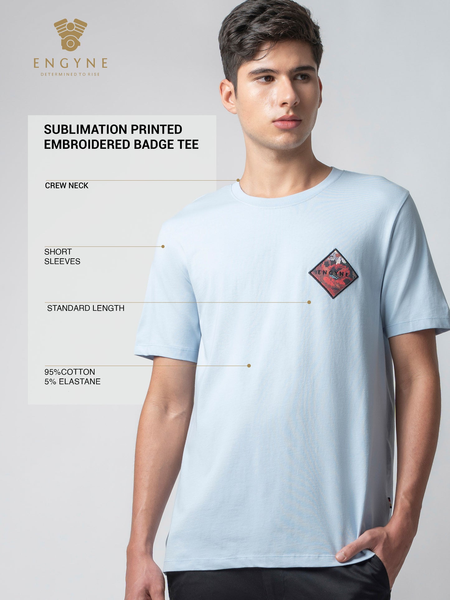 Rougen Cotton Lycra with Sublimation Print and Embroidered Badge Light Blue T-shirt