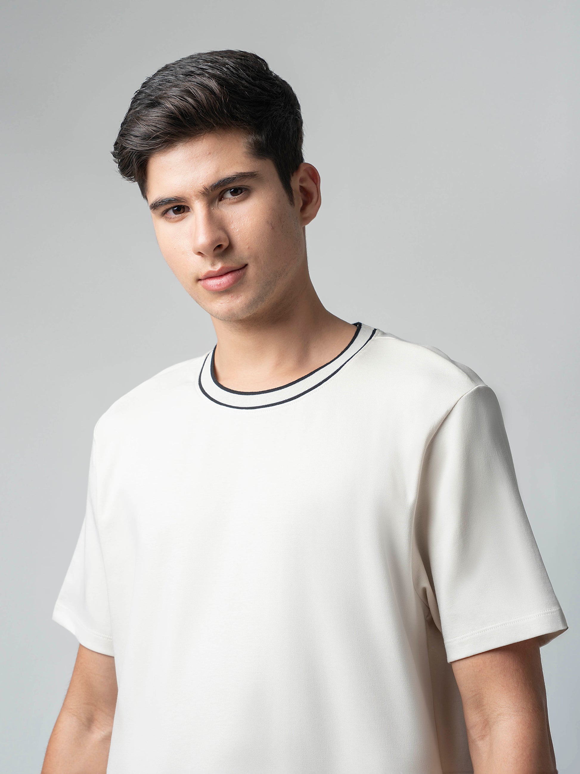 Supima Cotton Lycra Flat-Knit Neck Beige T Shirt for Men