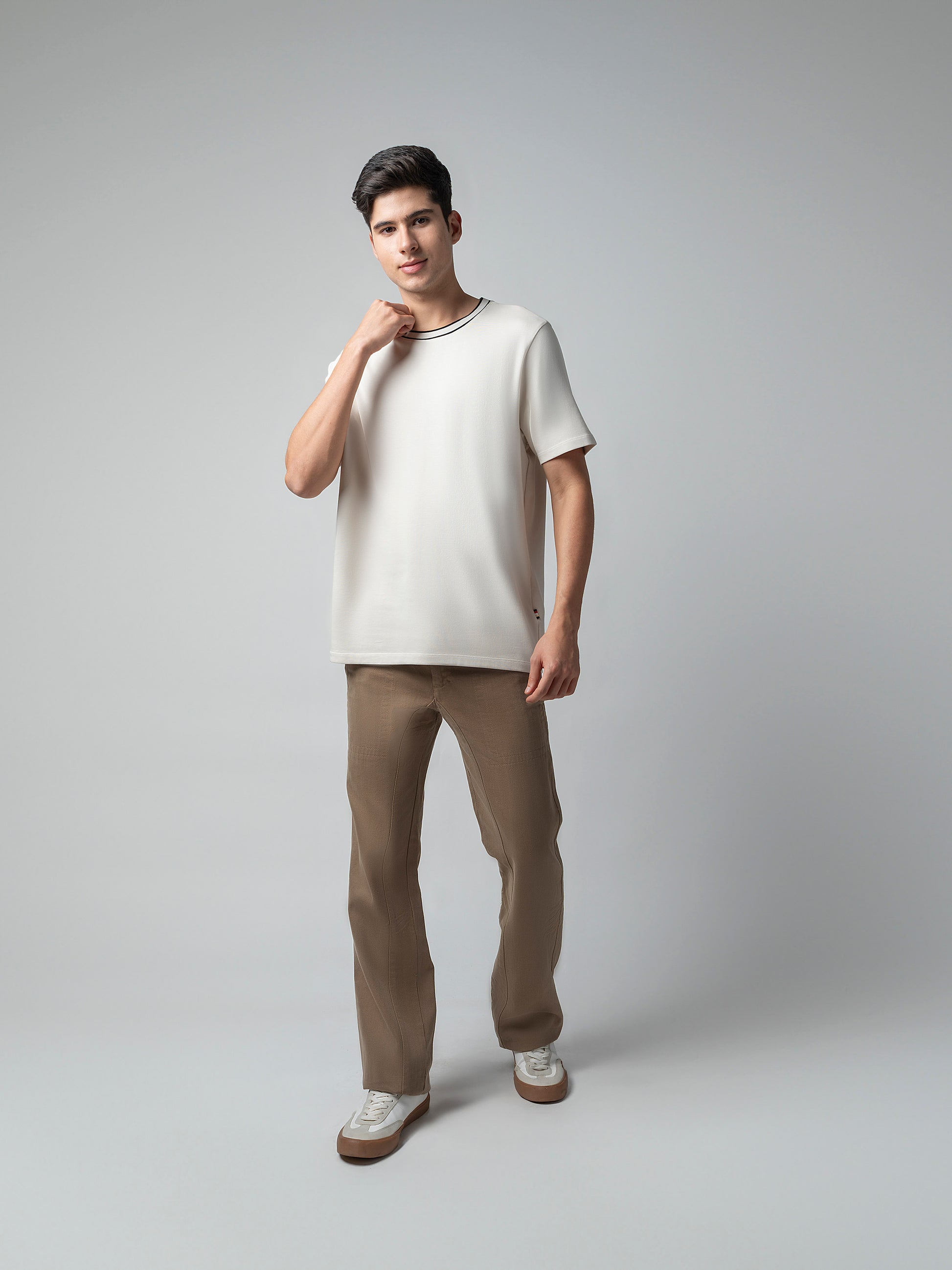 Supima Cotton Lycra Flat-Knit Neck Beige T Shirt for Men