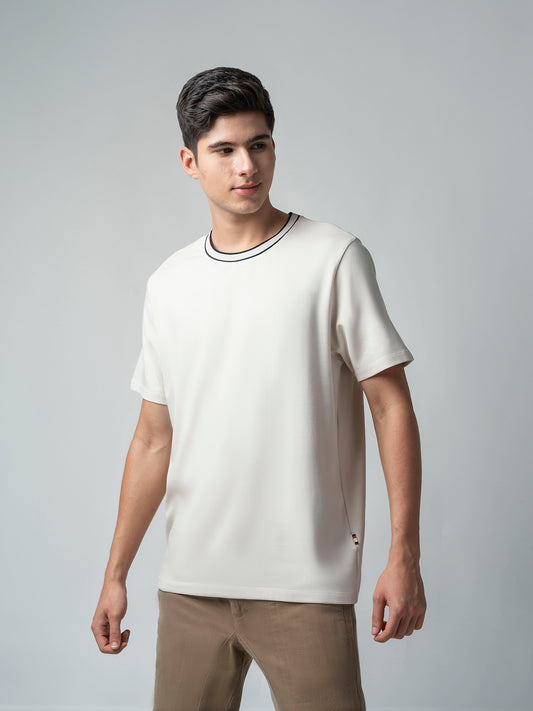 Supima Cotton Lycra Flat-Knit Neck Beige T Shirt for Men