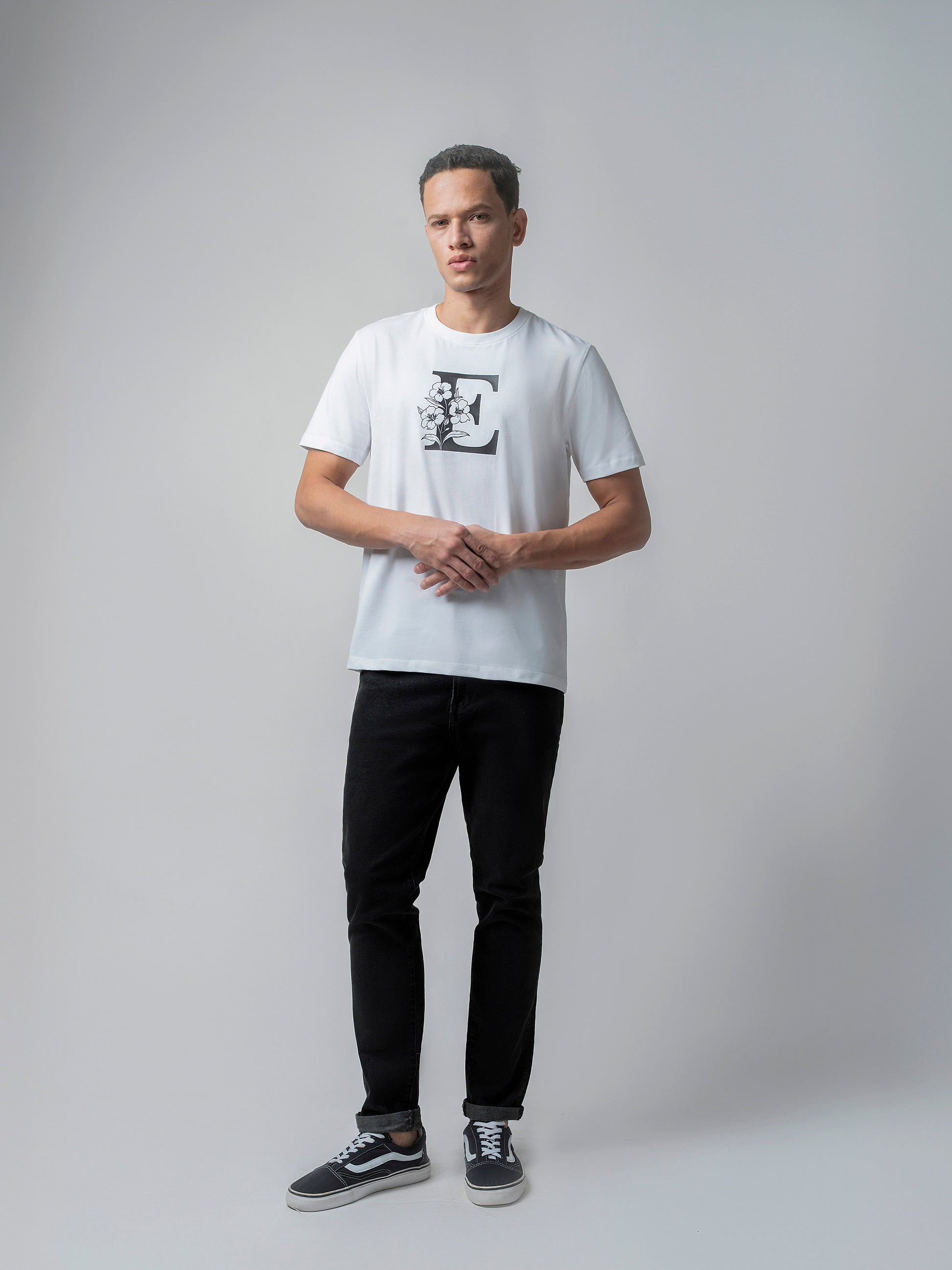 Rougen Cotton Lycra White Round Neck t Shirt for Men