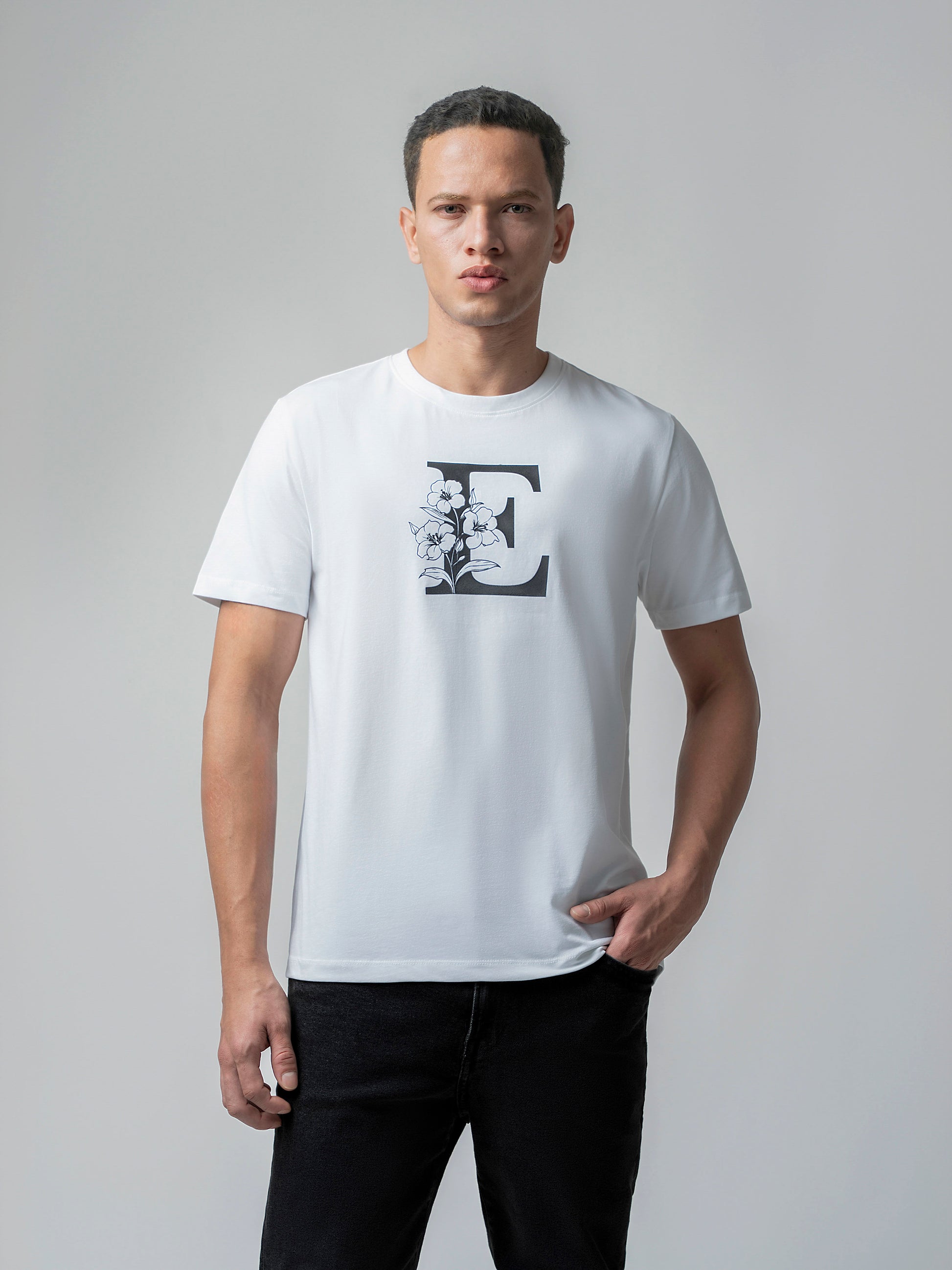 Rougen Cotton Lycra White Round Neck t Shirt for Men