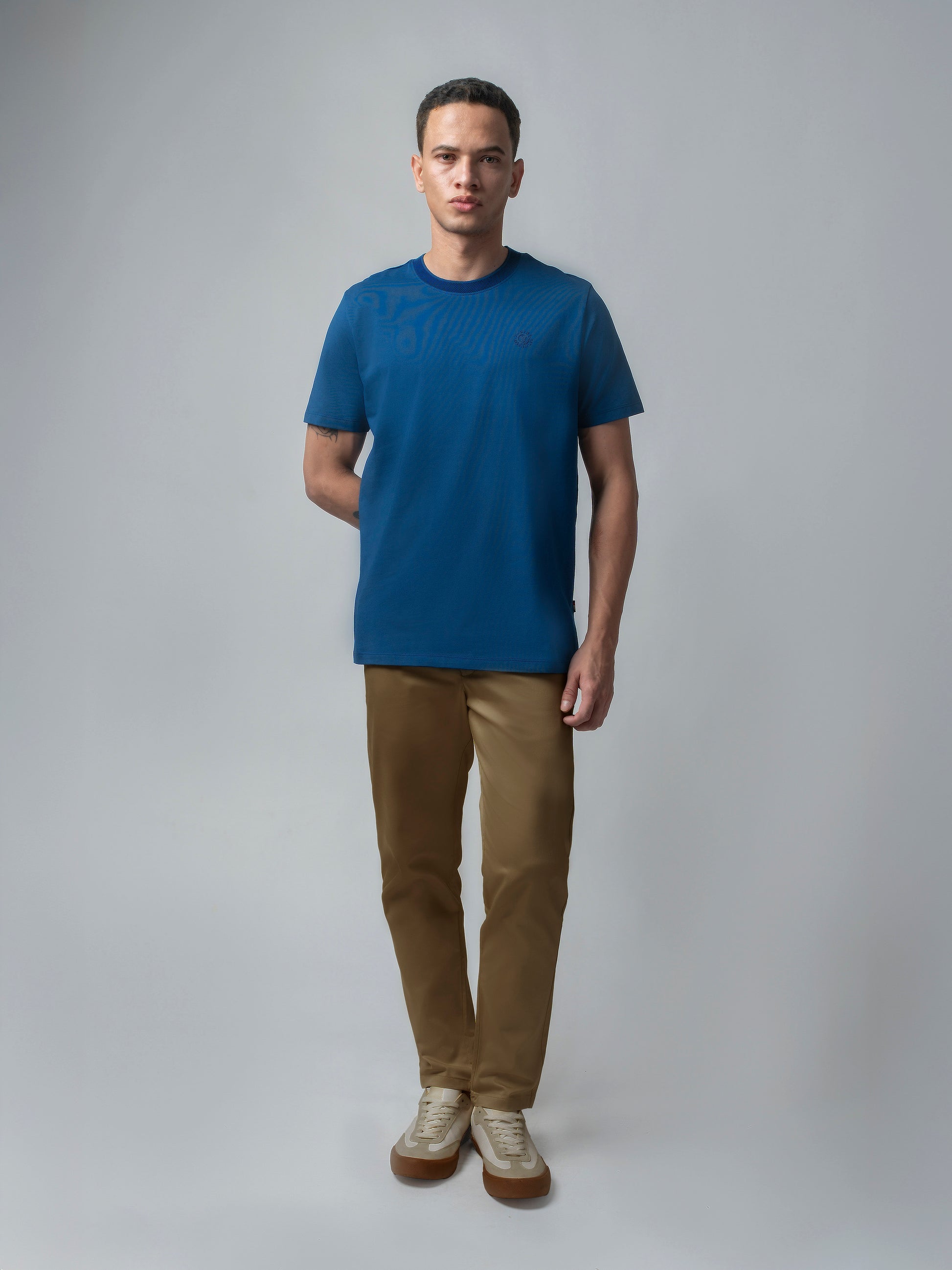 Supima Cotton Lycra Textured Neck Dark Blue T Shirt 