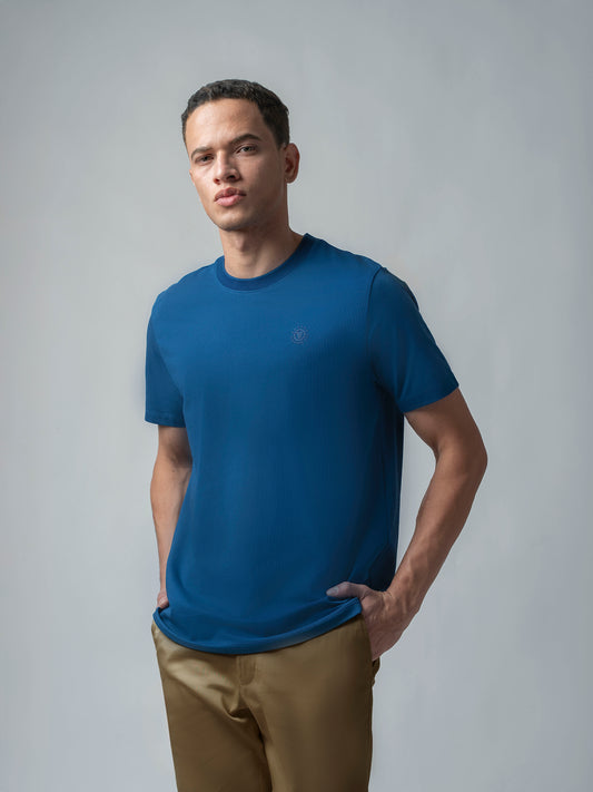 Supima Cotton Lycra Textured Neck Dark Blue T Shirt 