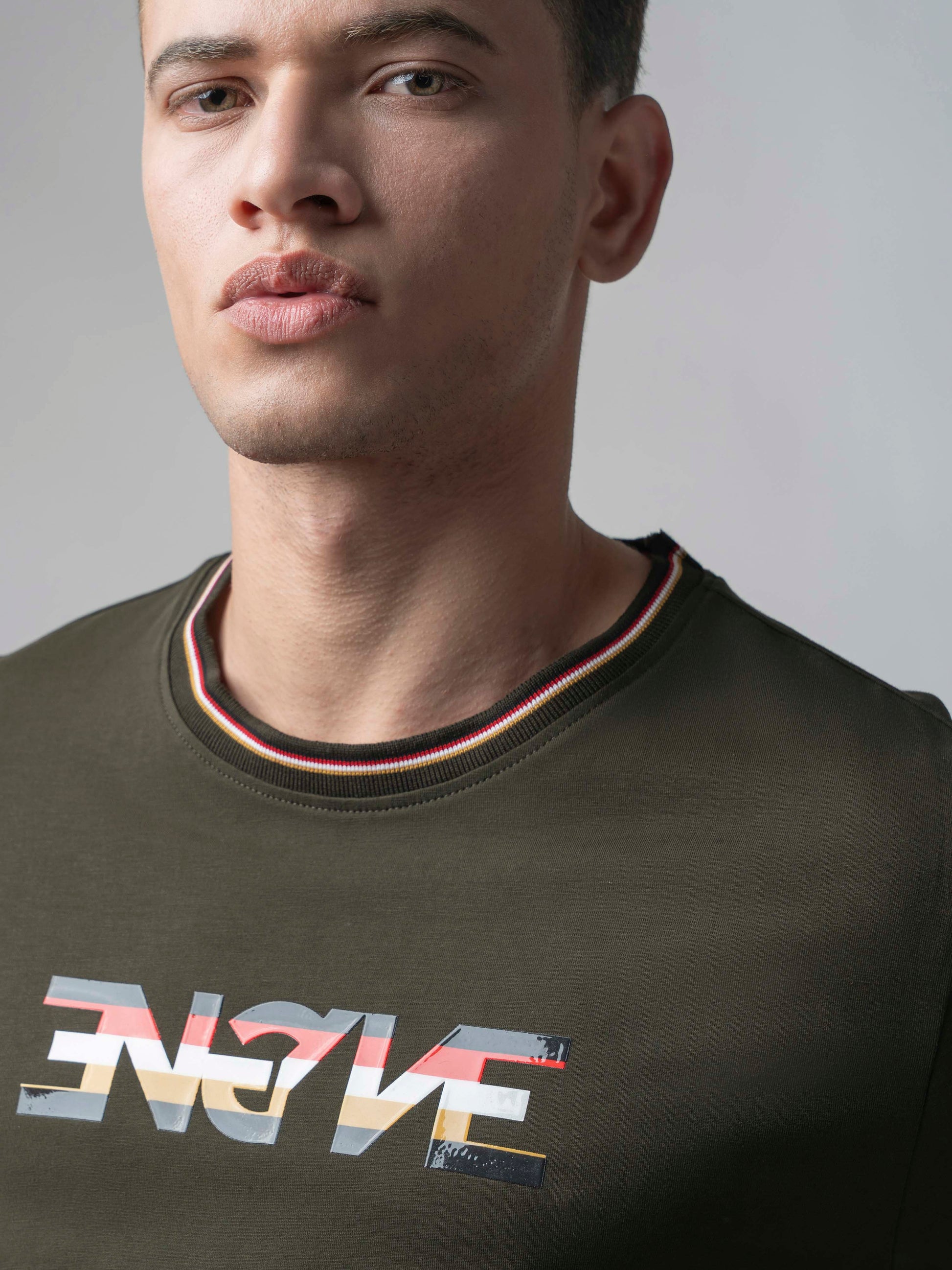 Rougen Cotton Lycra Olive Green T Shirt for Men
