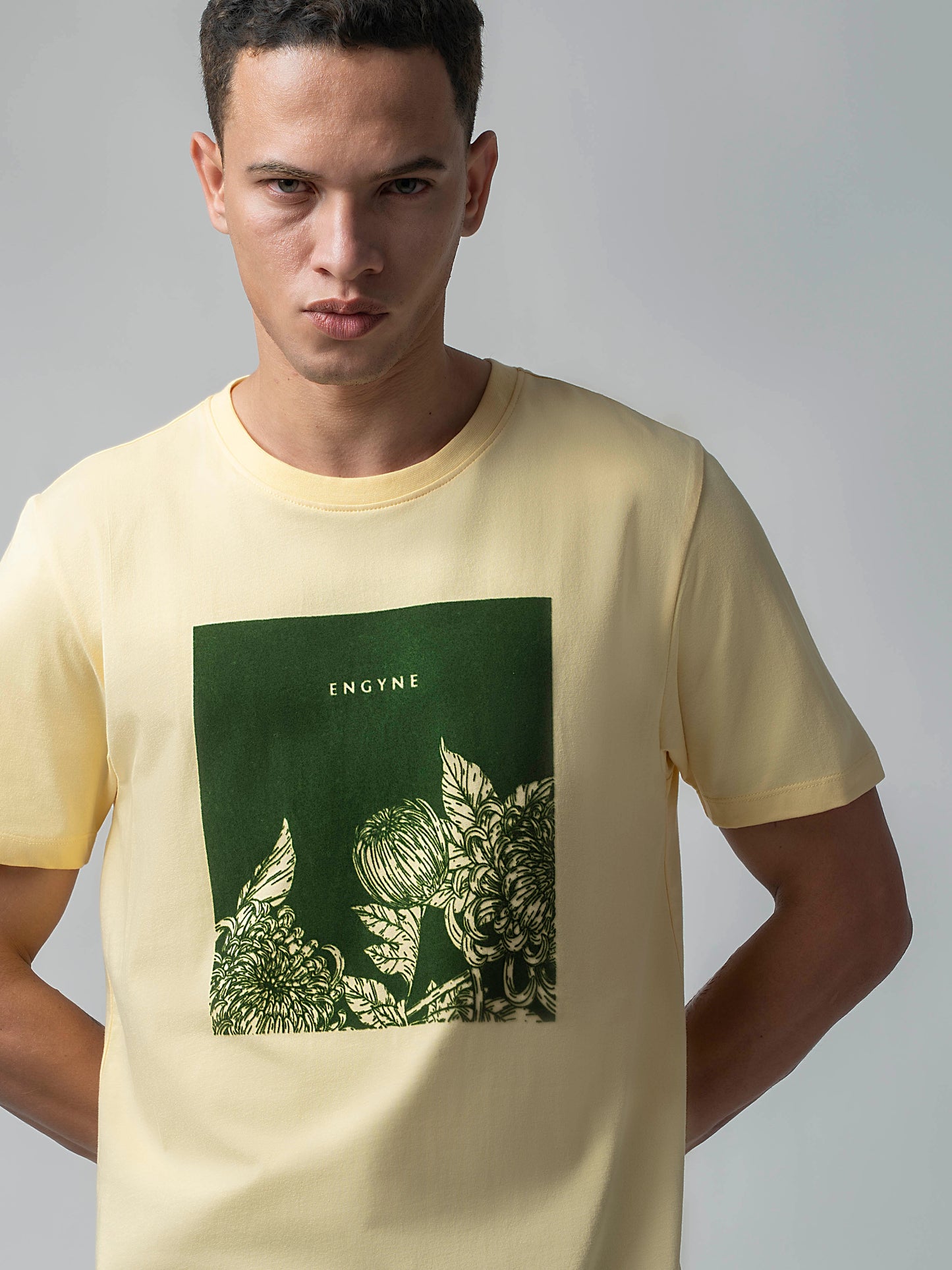 Rougen Cotton Lycra with Flock Print at Chest Light Yellow T-shirt