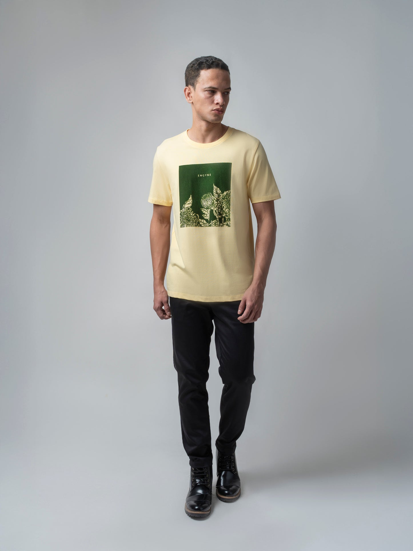 Rougen Cotton Lycra with Flock Print at Chest Light Yellow T-shirt