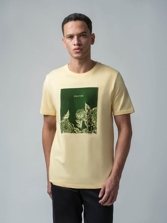 Rougen Cotton Lycra with Flock Print at Chest Light Yellow T-shirt
