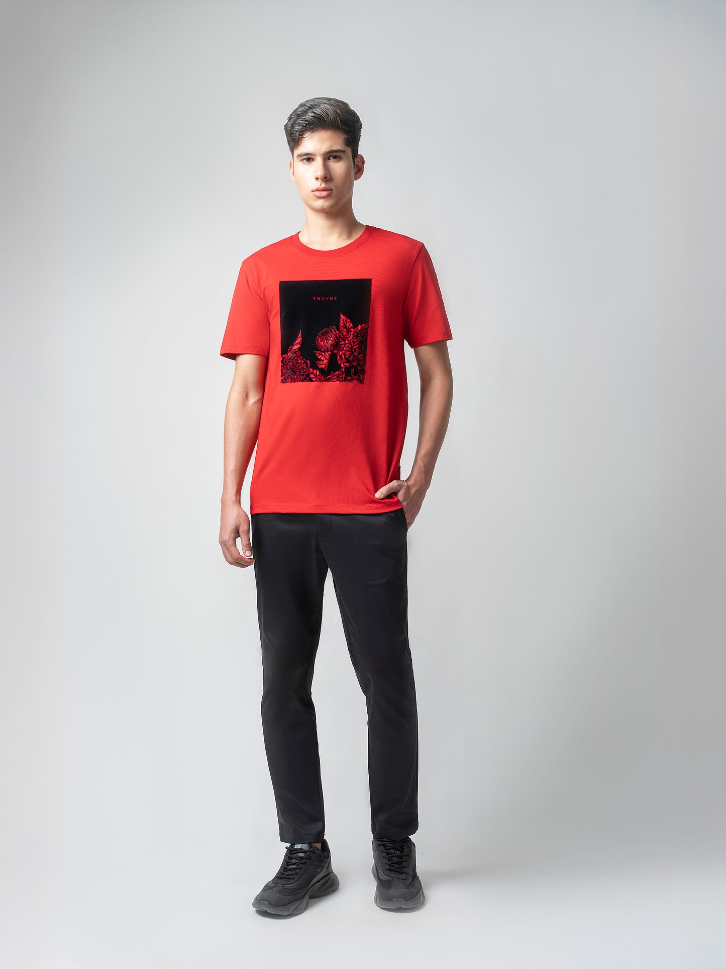 Rougen Cotton Lycra with Flock Print at Chest Red T-shirt