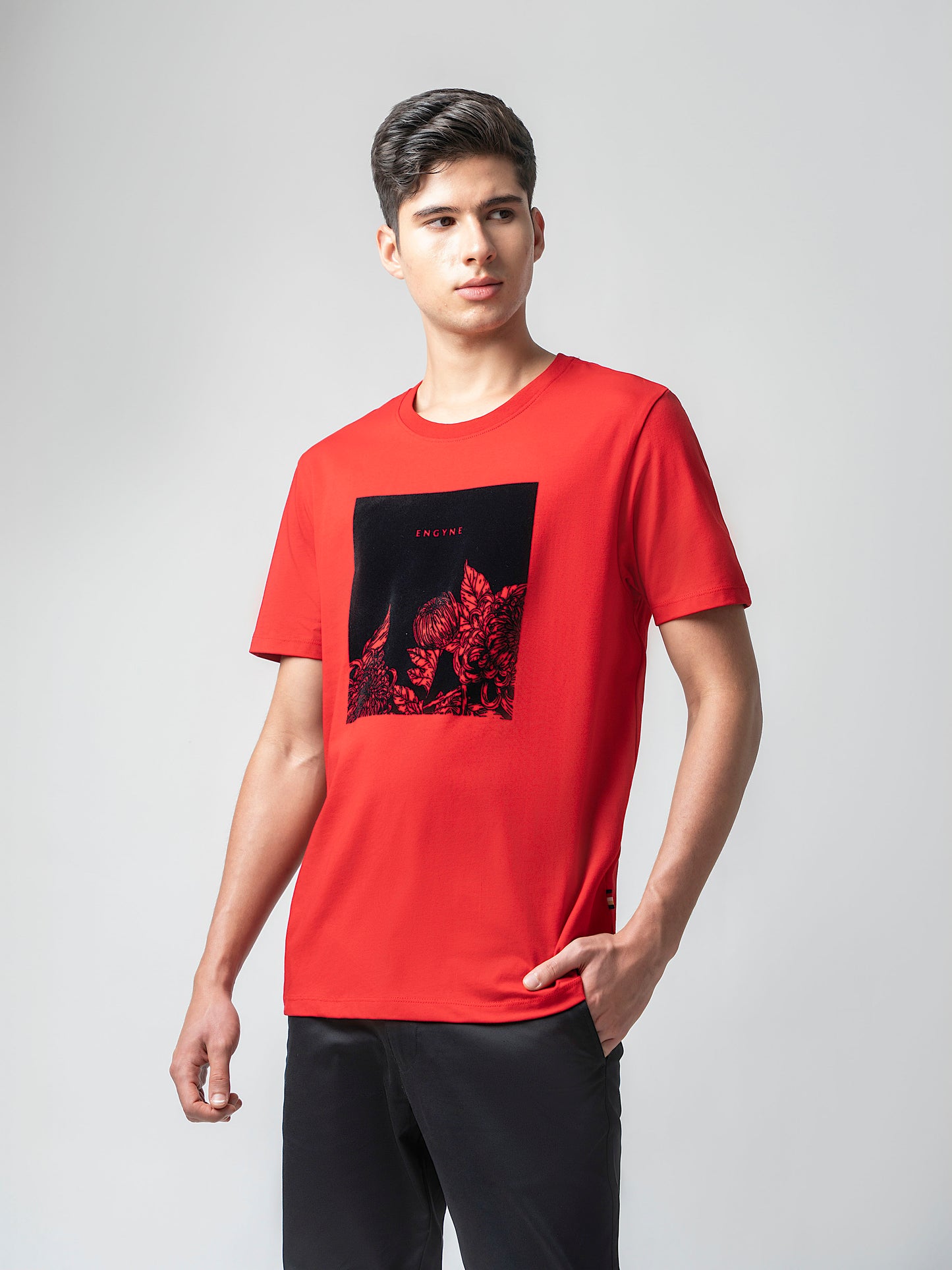 Rougen Cotton Lycra with Flock Print at Chest Red T-shirt