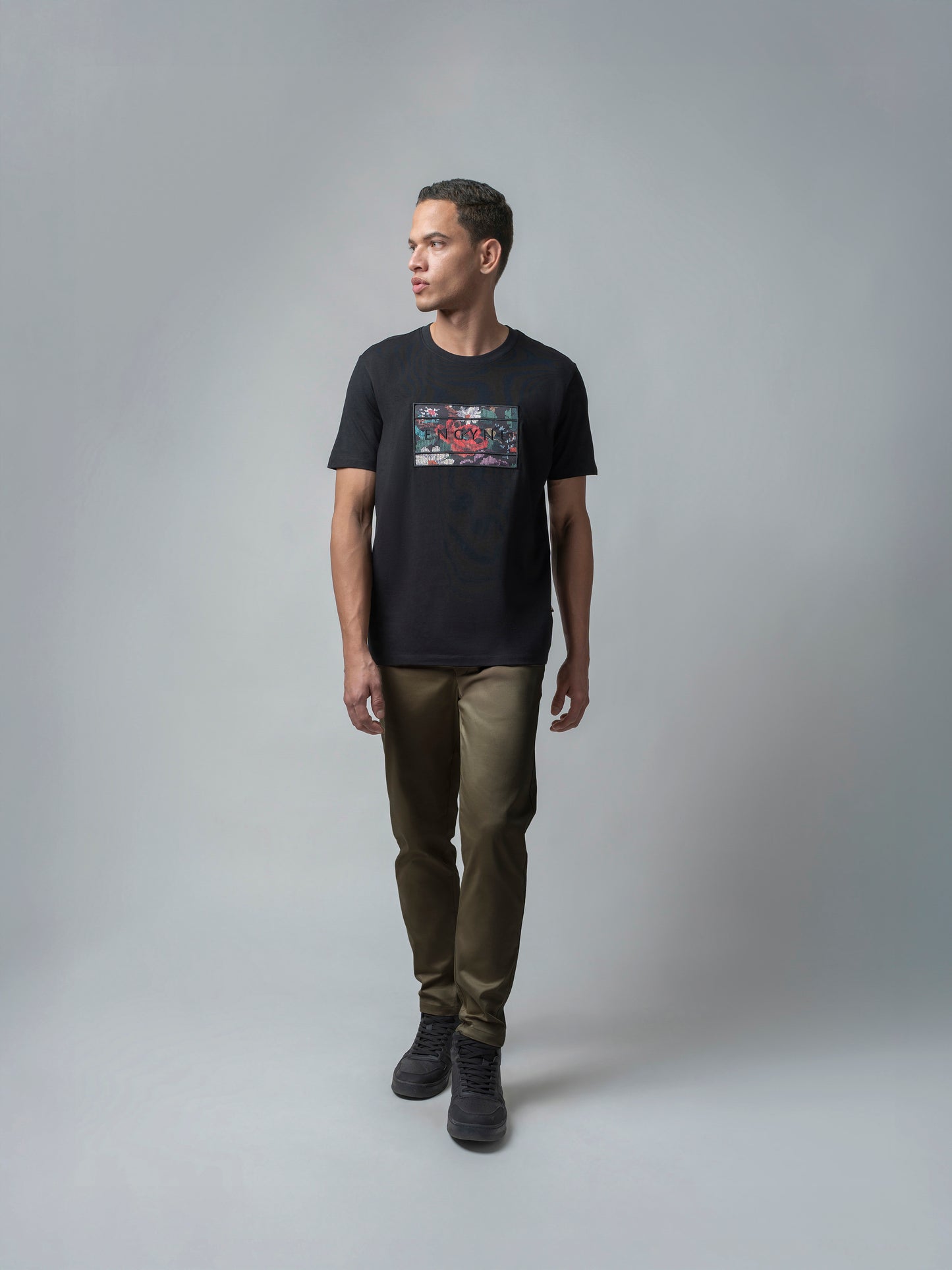 Supima Cotton Lycra with Sublimation-Printed Chest Appliqué and Embroidery Black T-shirt