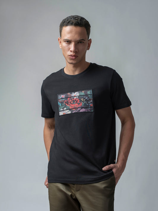 Supima Cotton Lycra with Sublimation-Printed Chest Appliqué and Embroidery Black T-shirt