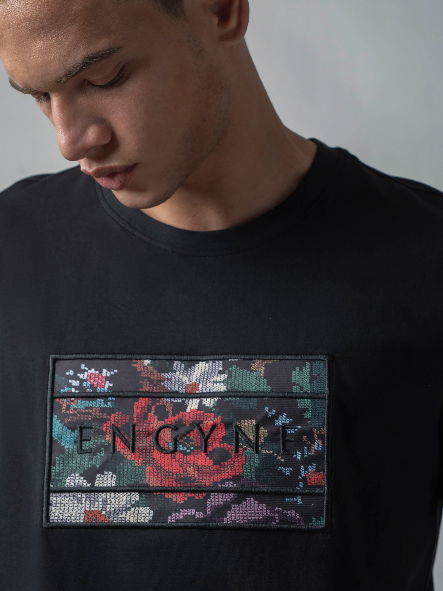 Supima Cotton Lycra with Sublimation-Printed Chest Appliqué and Embroidery Black T-shirt