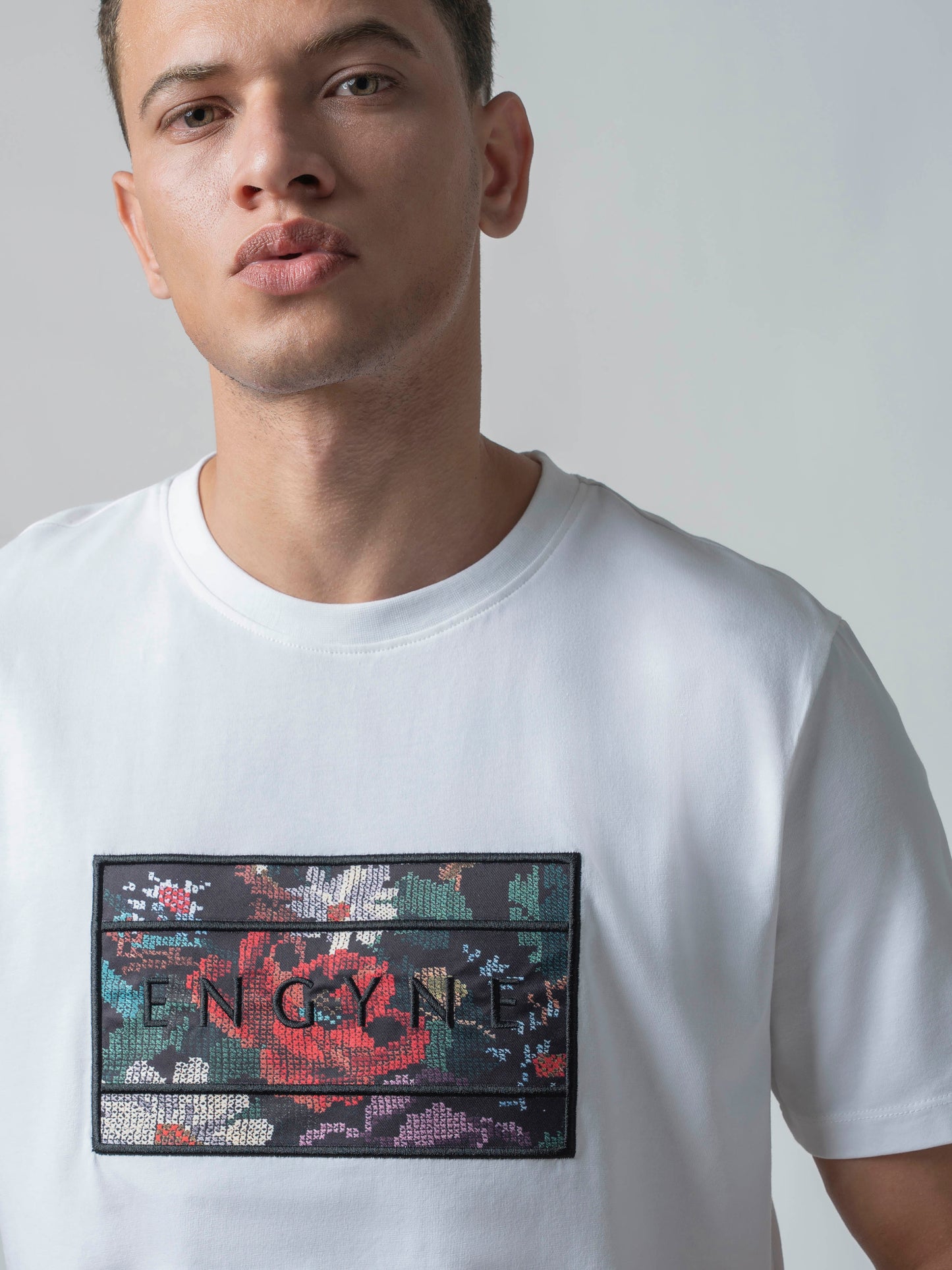 Supima Cotton Lycra with Sublimation-Printed Chest Appliqué and Embroidery White T-shirt
