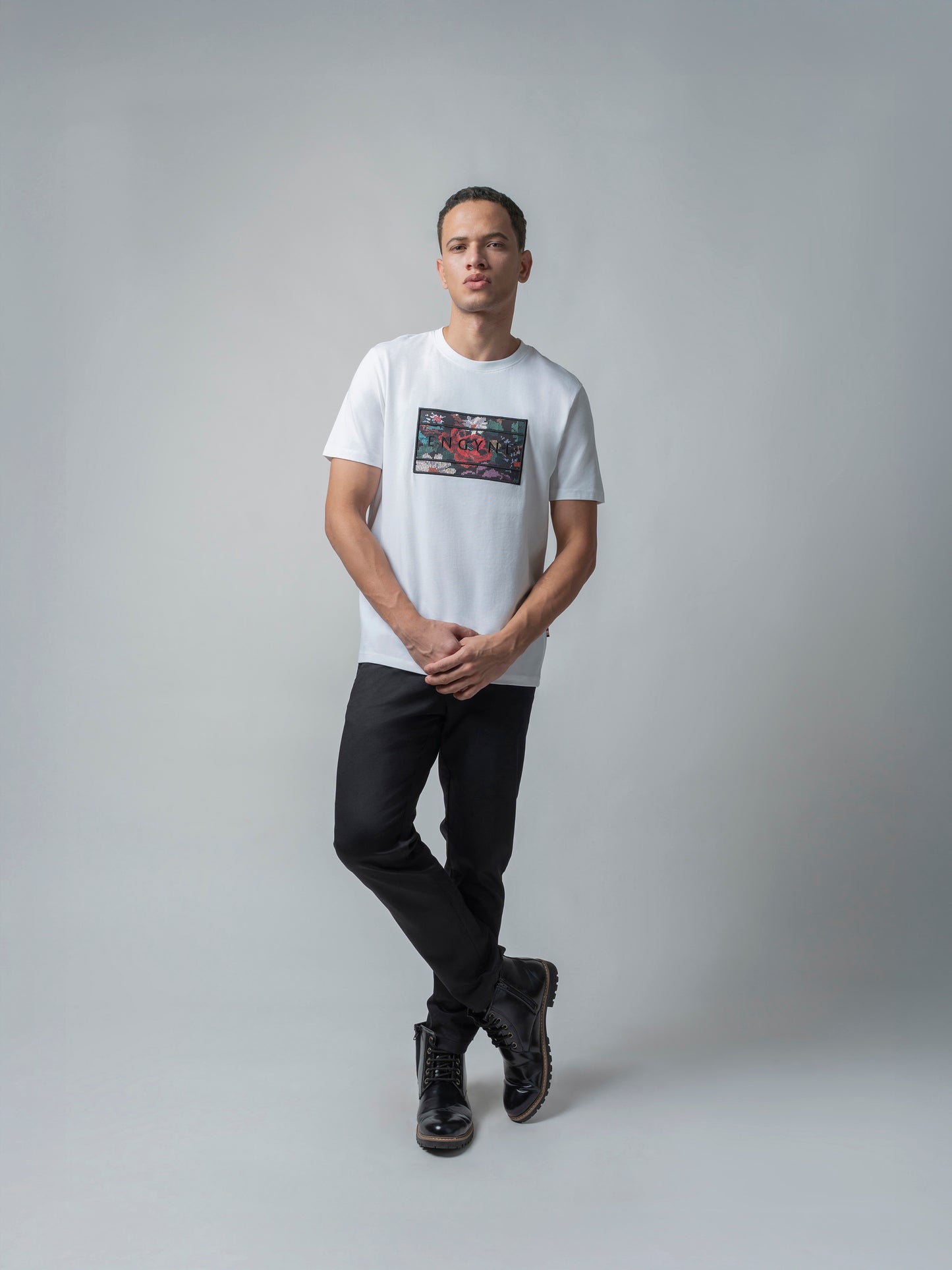 Supima Cotton Lycra with Sublimation-Printed Chest Appliqué and Embroidery White T-shirt
