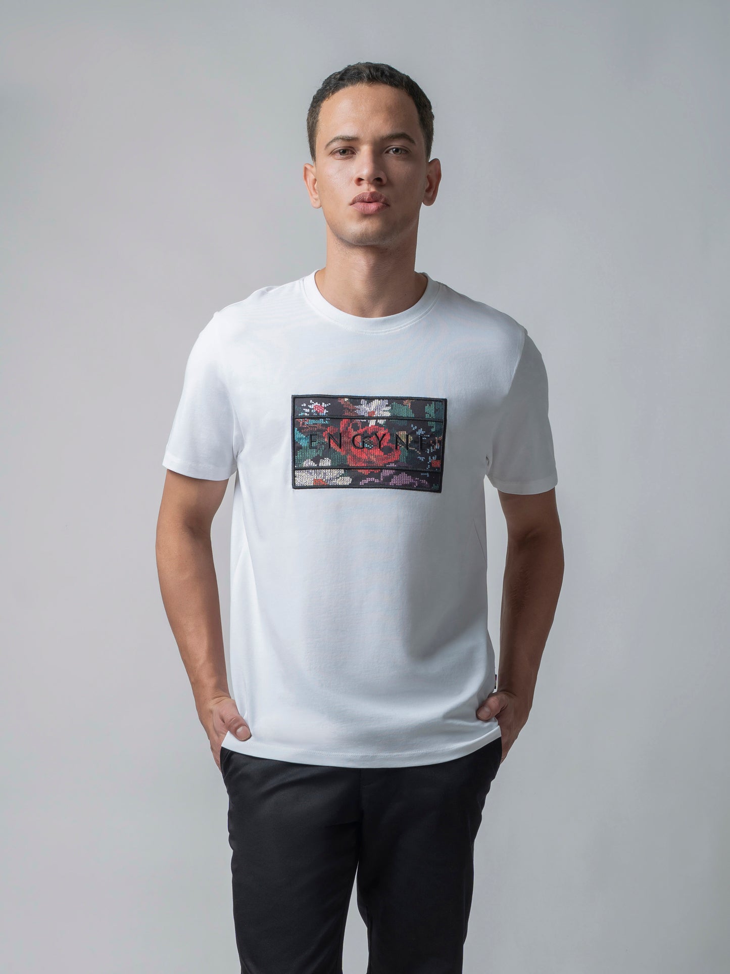 Supima Cotton Lycra with Sublimation-Printed Chest Appliqué and Embroidery White T-shirt