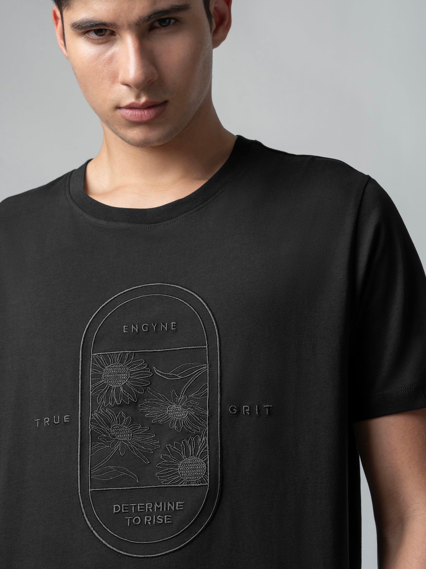 Rougen Cotton Lycra with Floral Placement Embroidery Black T-shirt