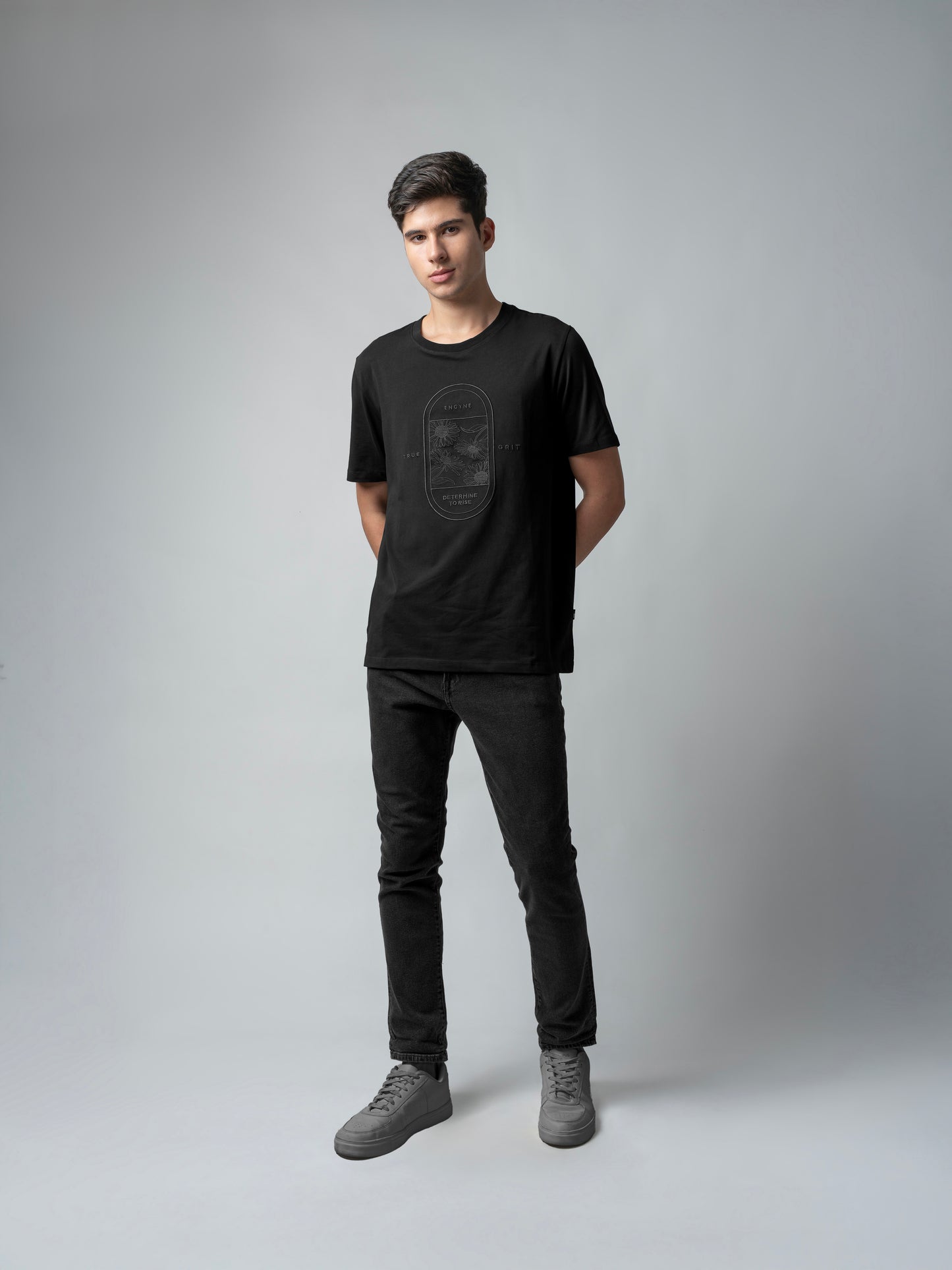 Rougen Cotton Lycra with Floral Placement Embroidery Black T-shirt