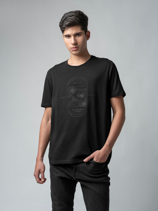 Rougen Cotton Lycra with Floral Placement Embroidery Black T-shirt