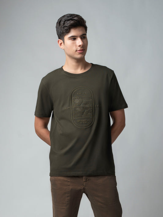 Rougen Cotton Lycra with Floral Placement Embroidery Olive T-shirt