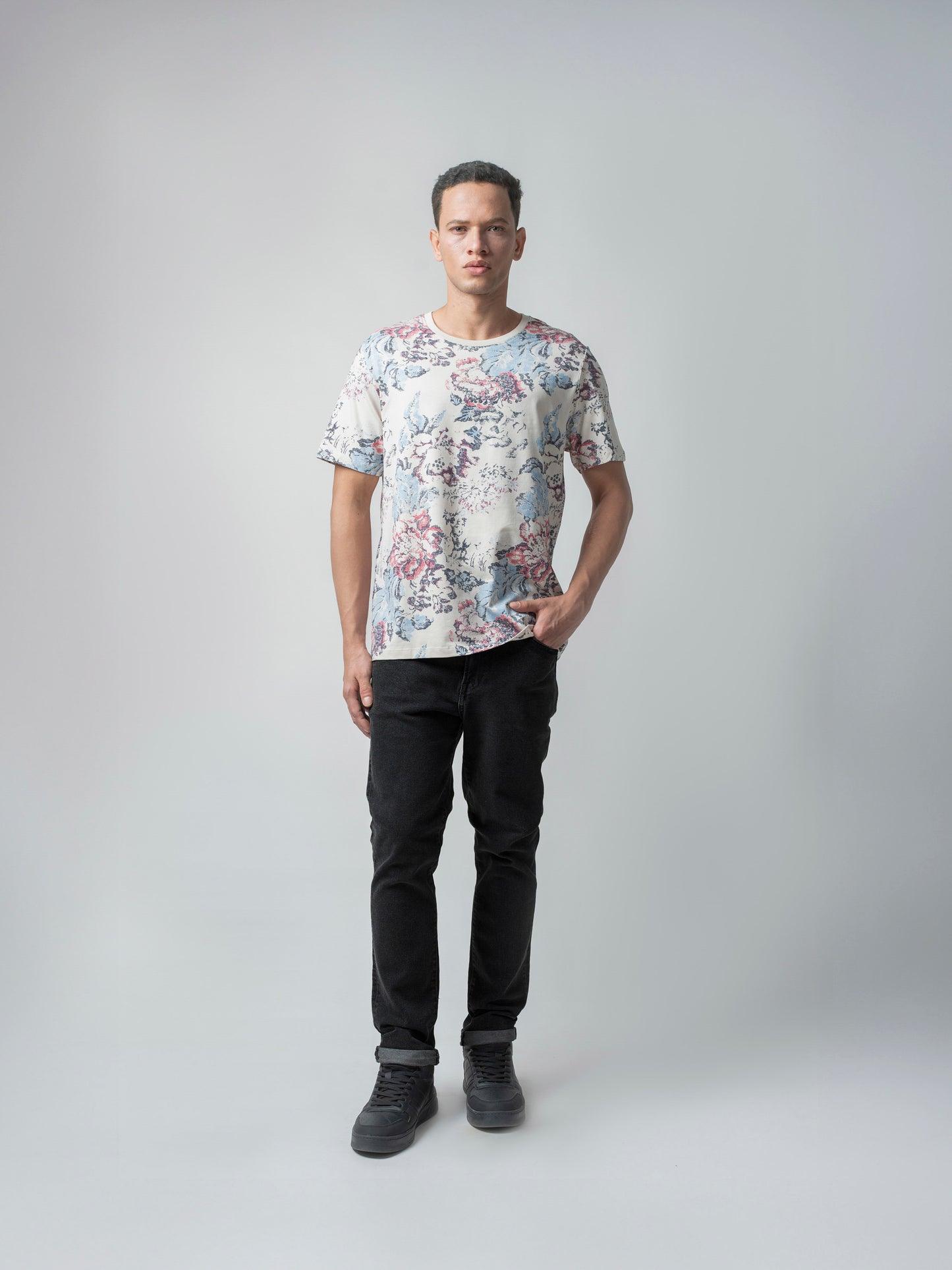 Supima Cotton Lycra with Rotary All-Over Print Beige T-shirt