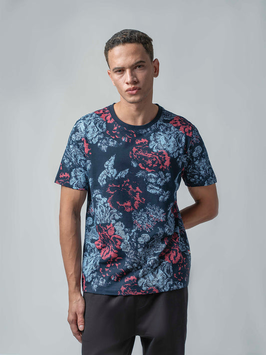 Supima Cotton Lycra with Rotary All-Over Print Navy T-shirt