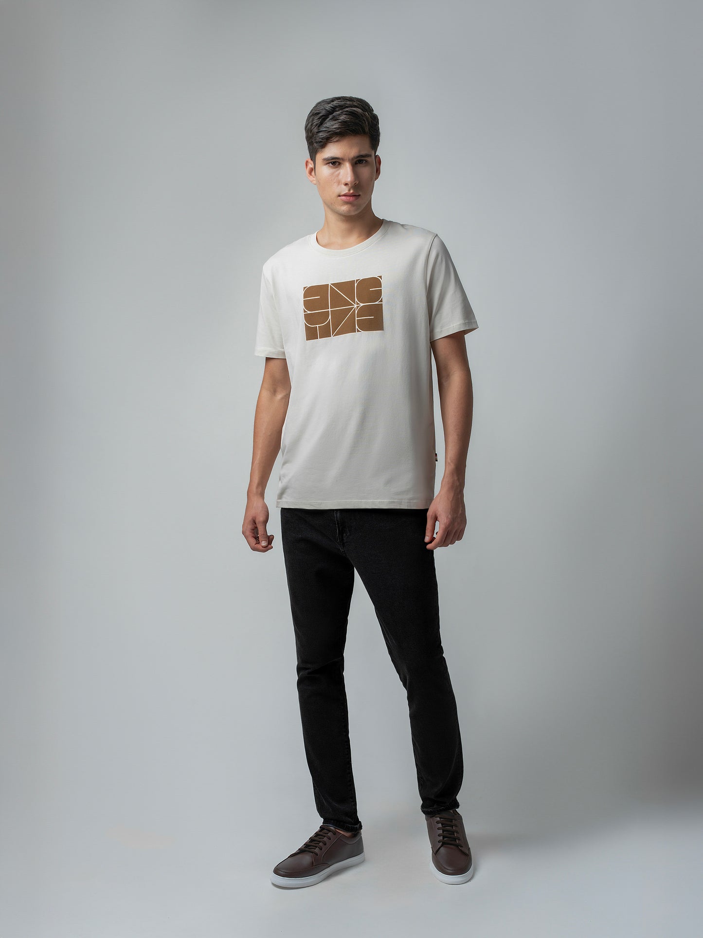 Rougen Cotton Lycra with Sticker Flock Print Beige T-shirt