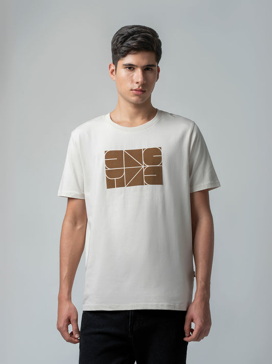 Rougen Cotton Lycra with Sticker Flock Print Beige T-shirt