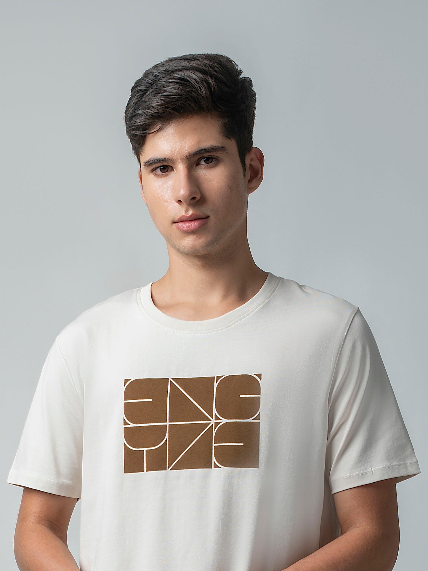 Rougen Cotton Lycra with Sticker Flock Print Beige T-shirt
