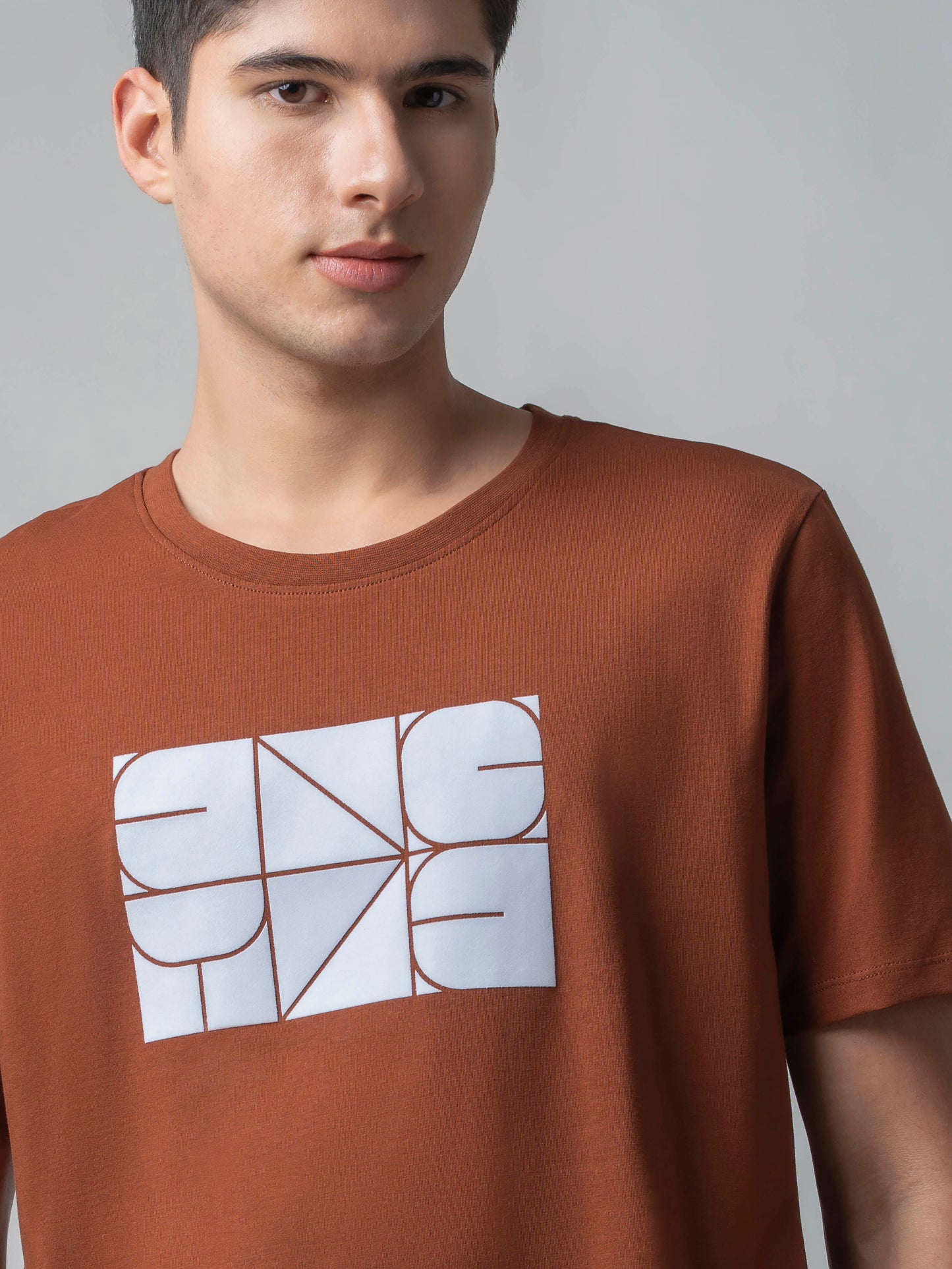 Rougen Cotton Lycra with Sticker Flock Print Brown T-shirt