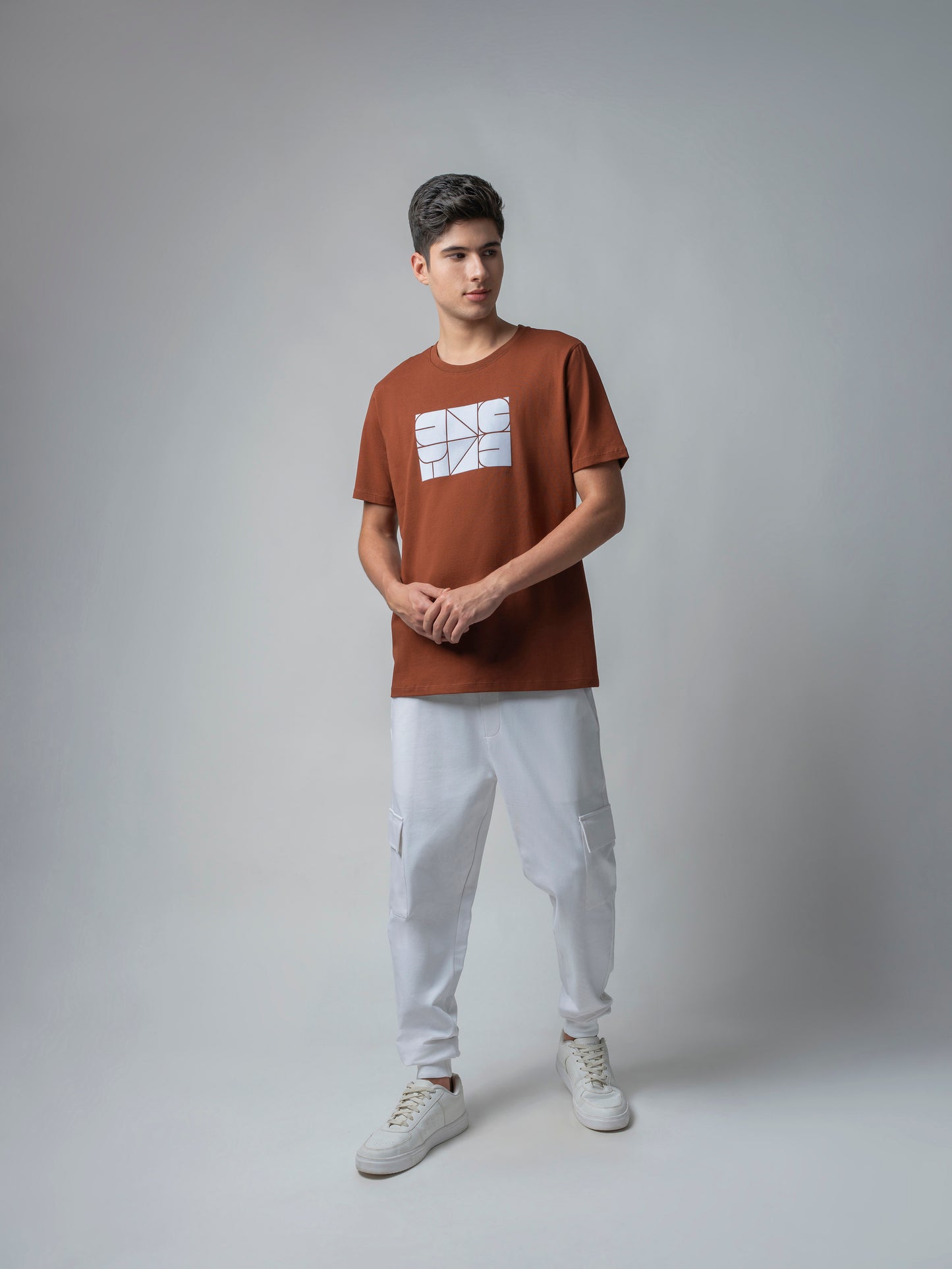 Rougen Cotton Lycra with Sticker Flock Print Brown T-shirt
