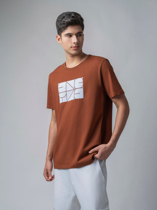 Rougen Cotton Lycra with Sticker Flock Print Brown T-shirt
