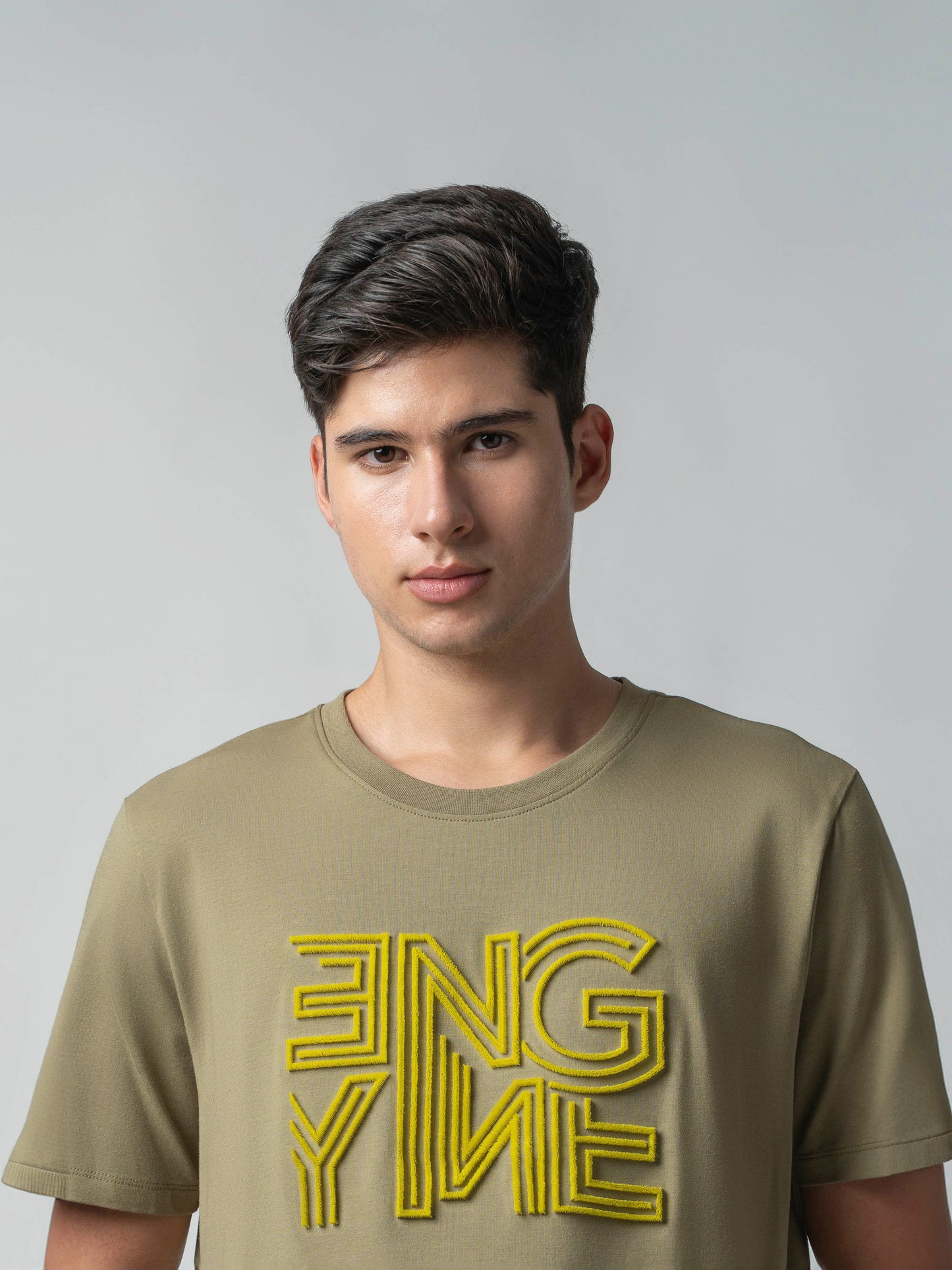 Supima Cotton Lycra Tuft Embroidery Light Olive T Shirt