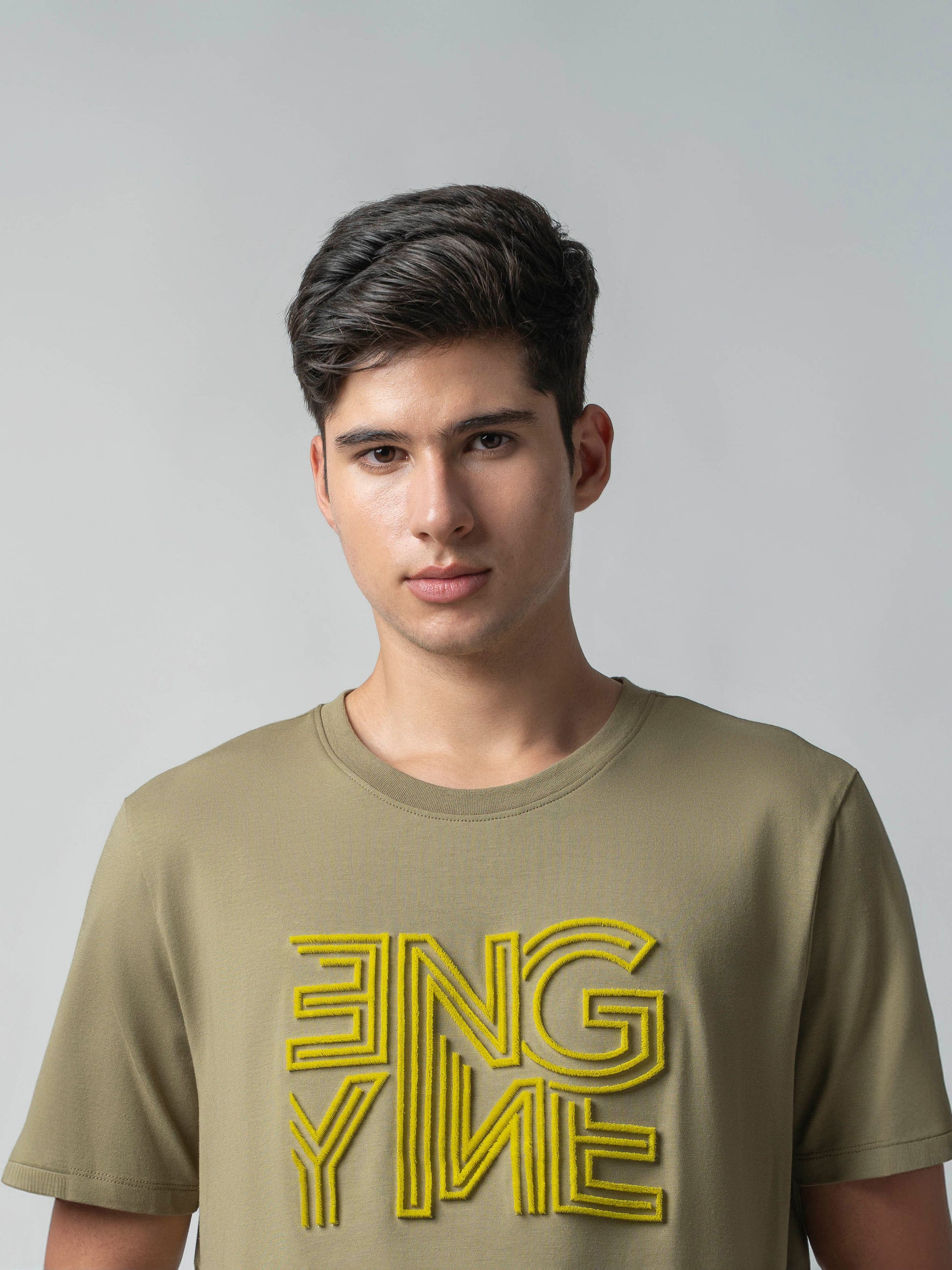 Supima Cotton Lycra Tuft Embroidery Light Olive T Shirt