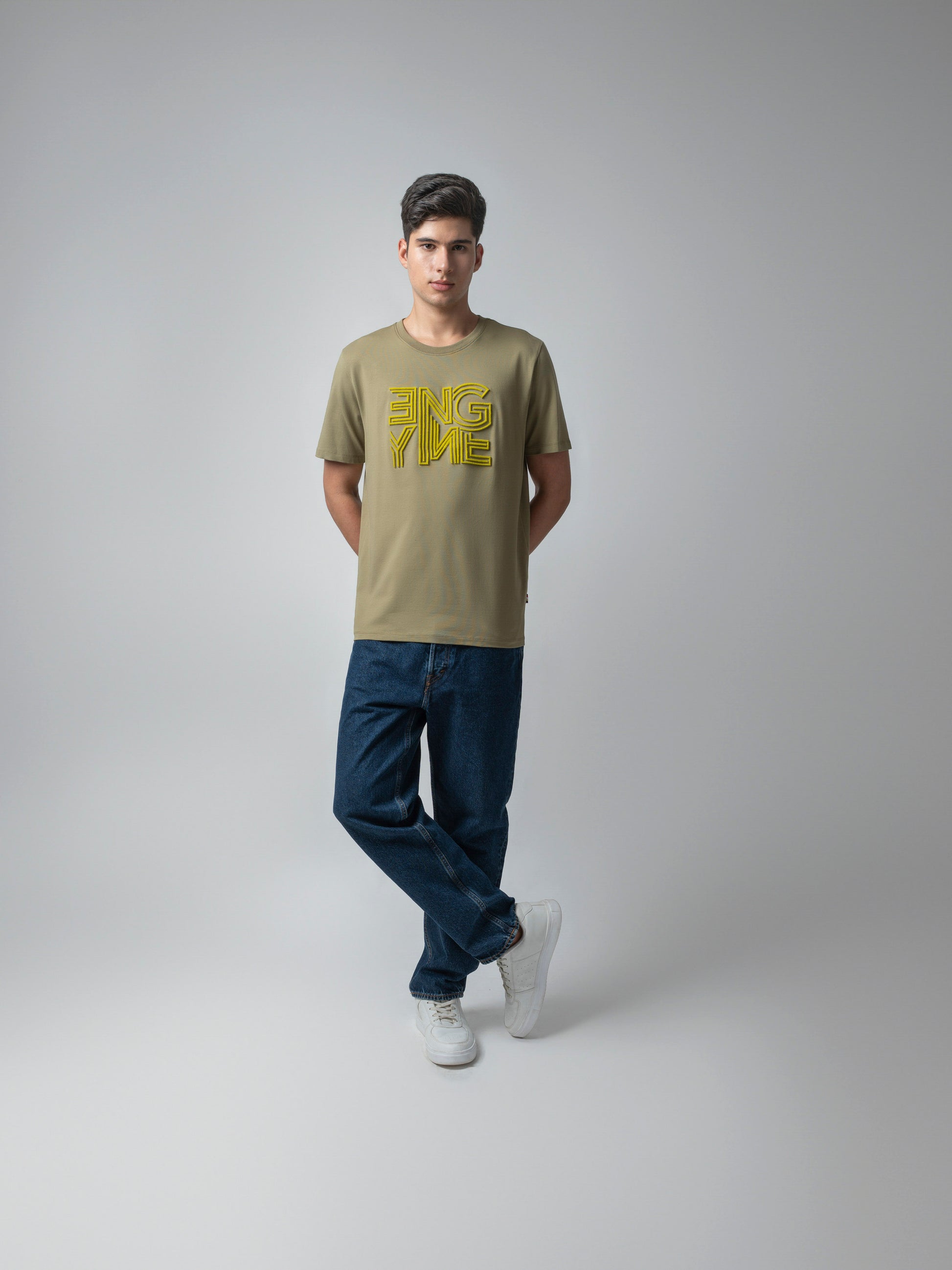Supima Cotton Lycra Tuft Embroidery Light Olive T Shirt