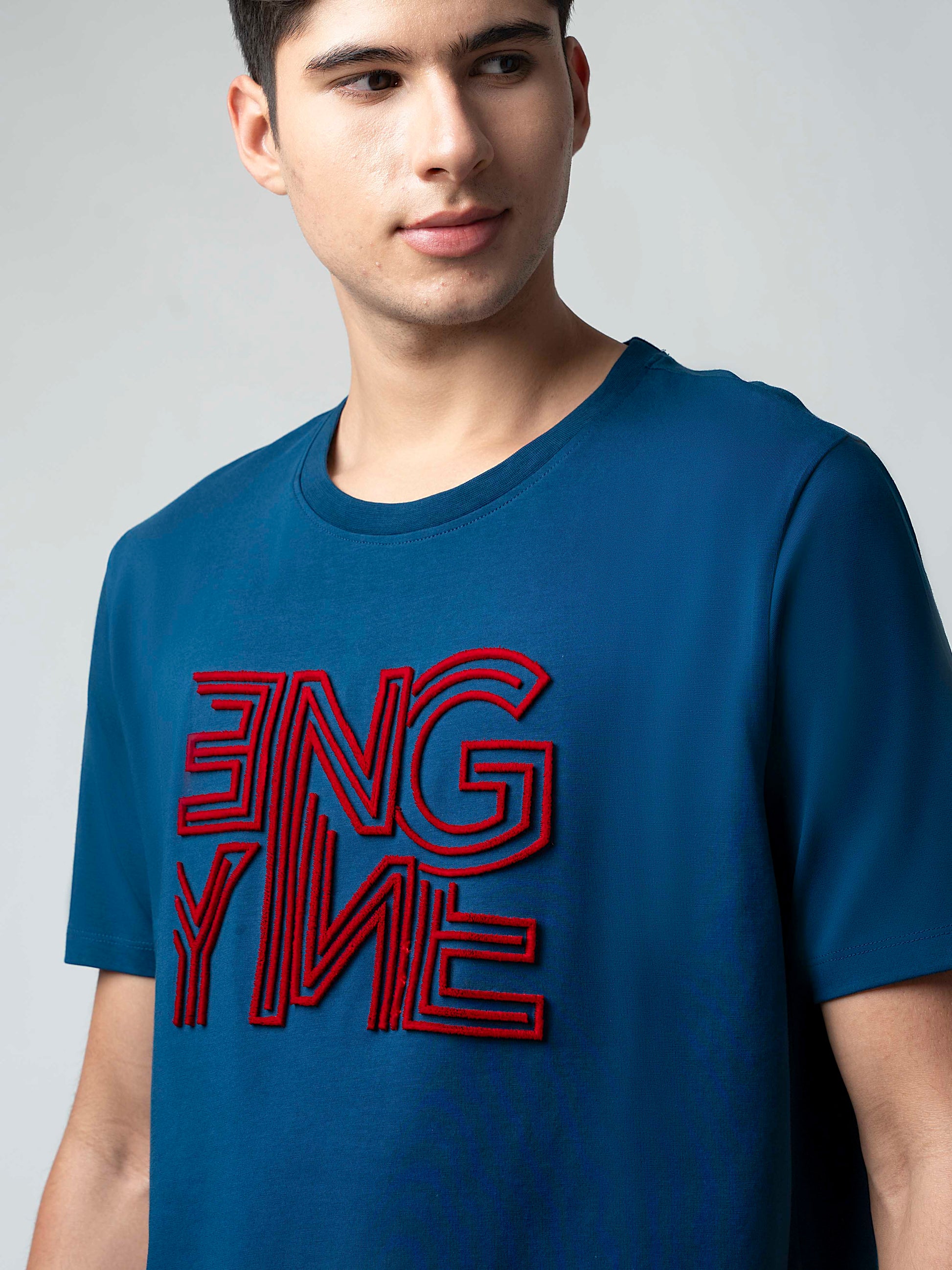 Supima Cotton Lycra Tuft Embroidery Teal T Shirt Mens