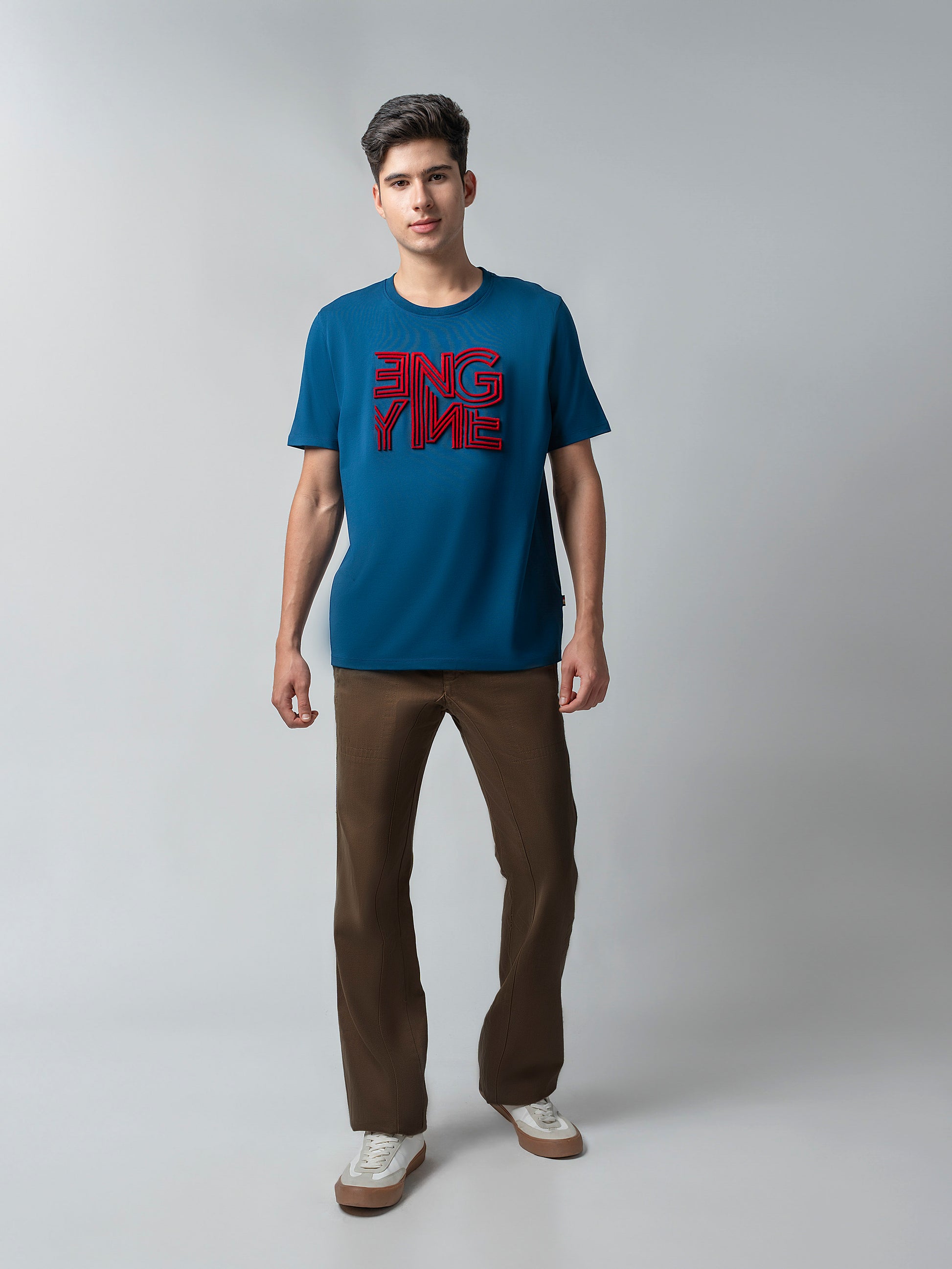 Supima Cotton Lycra Tuft Embroidery Teal T Shirt Mens
