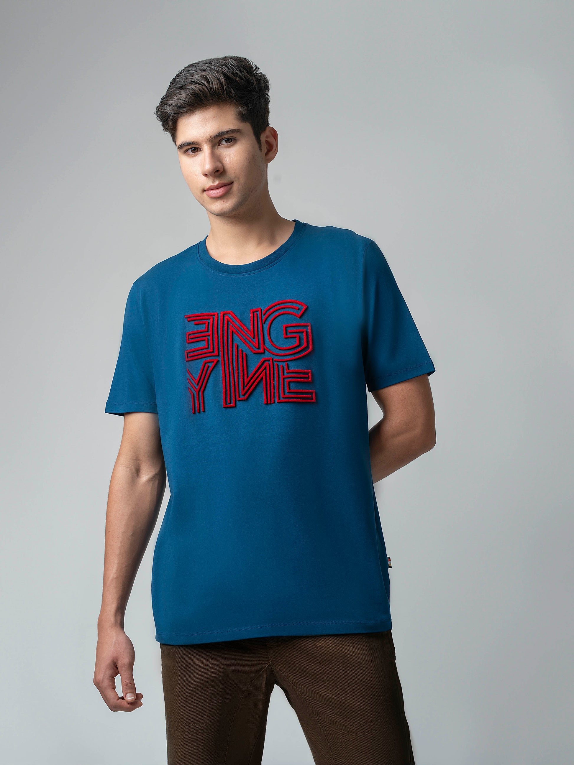 Supima Cotton Lycra Tuft Embroidery Teal T Shirt Mens