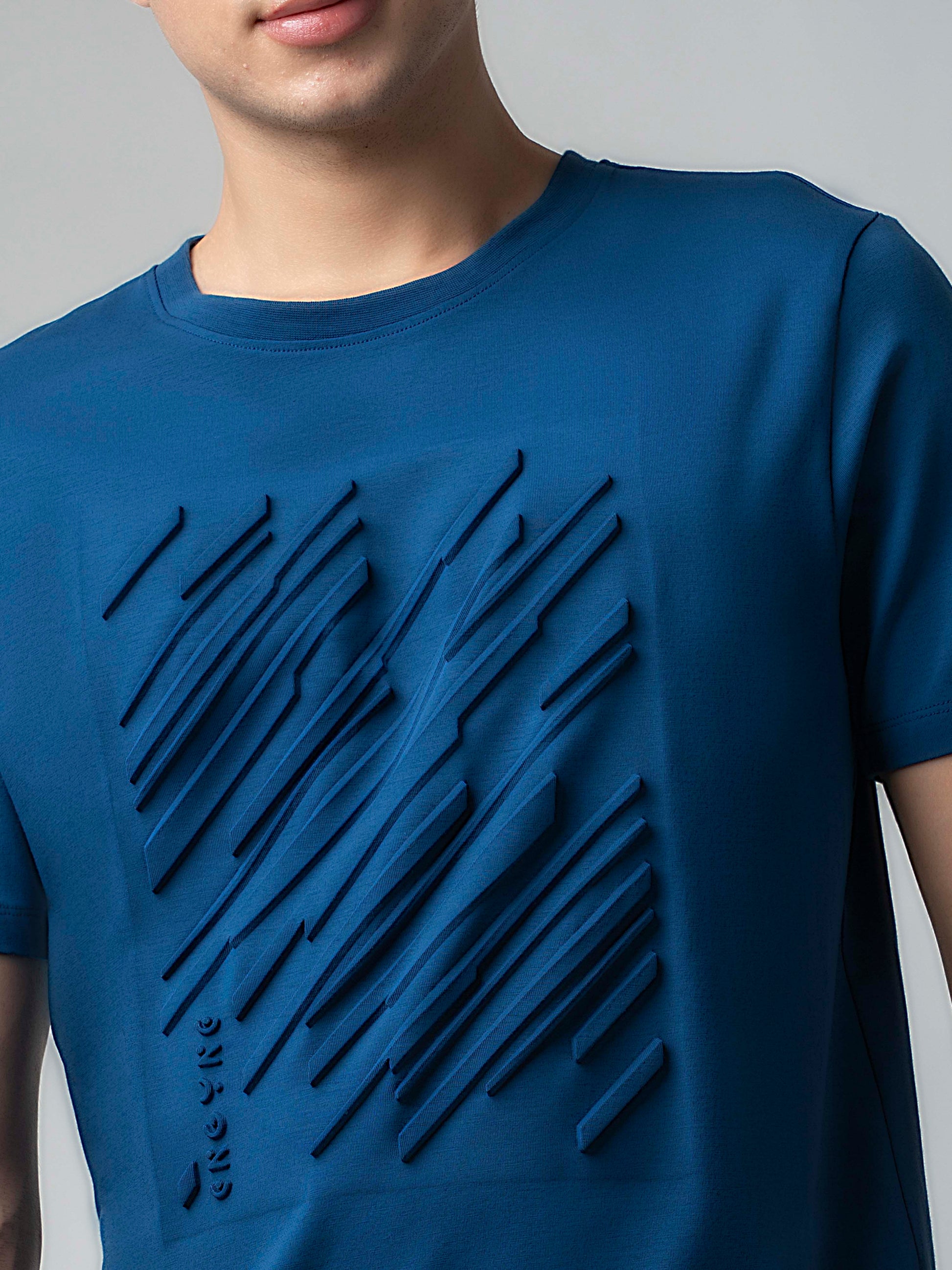 Rougen Cotton Lycra Embossed Dark Blue T Shirt For Men