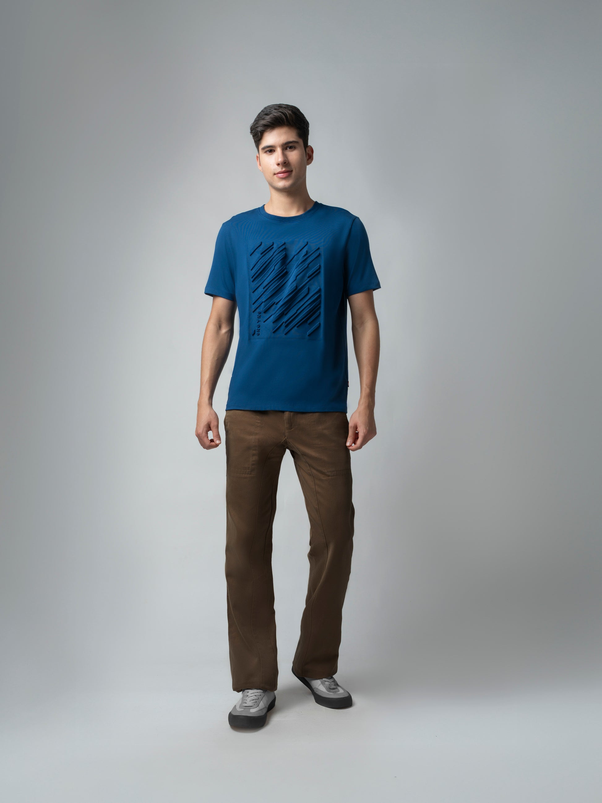 Rougen Cotton Lycra Embossed Dark Blue T Shirt For Men