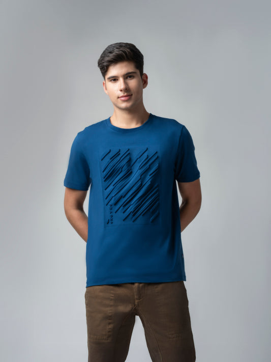 Rougen Cotton Lycra Embossed Dark Blue T Shirt For Men