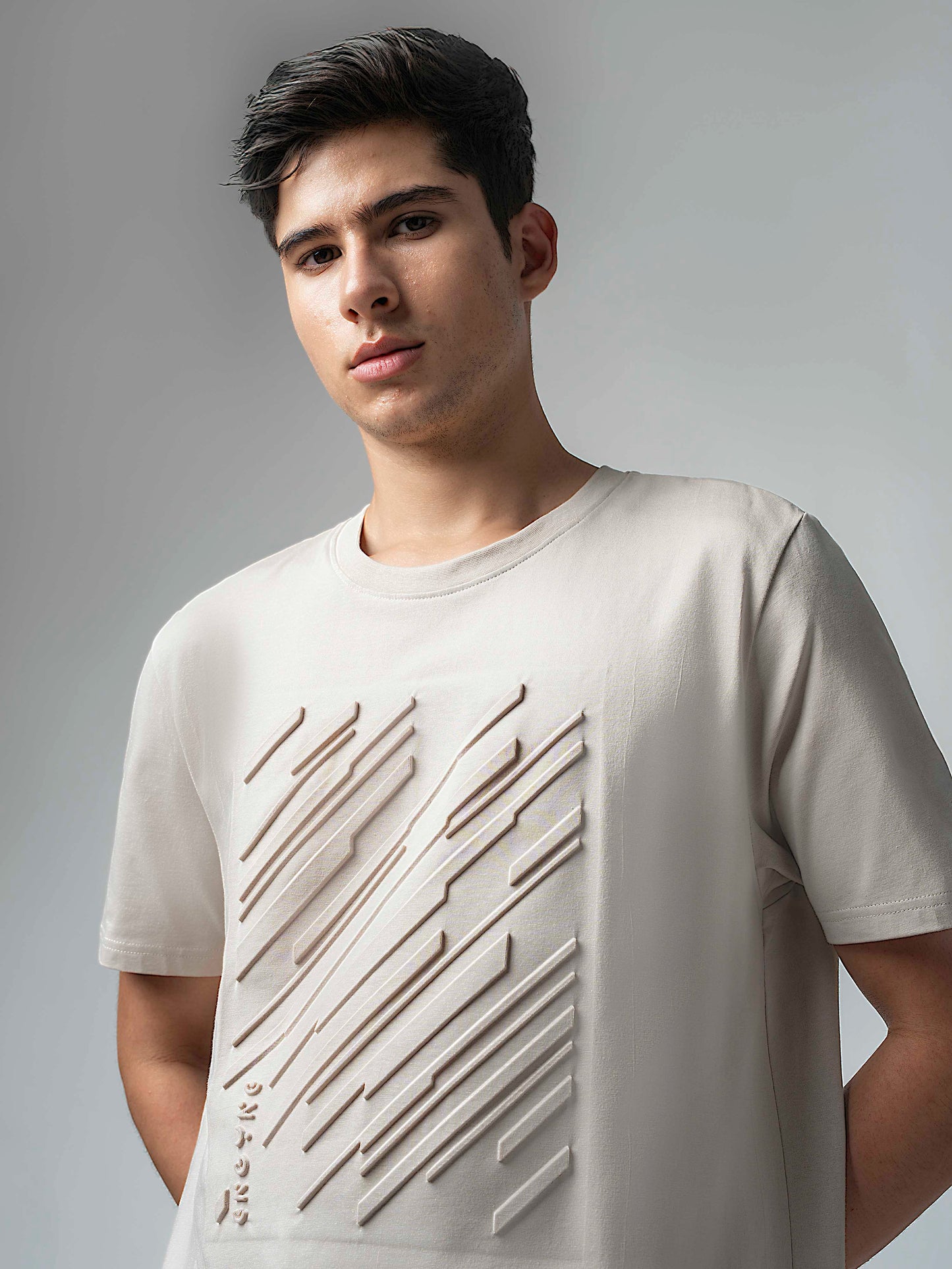 Rougen Cotton Lycra Embossed Mens Sand T Shirt